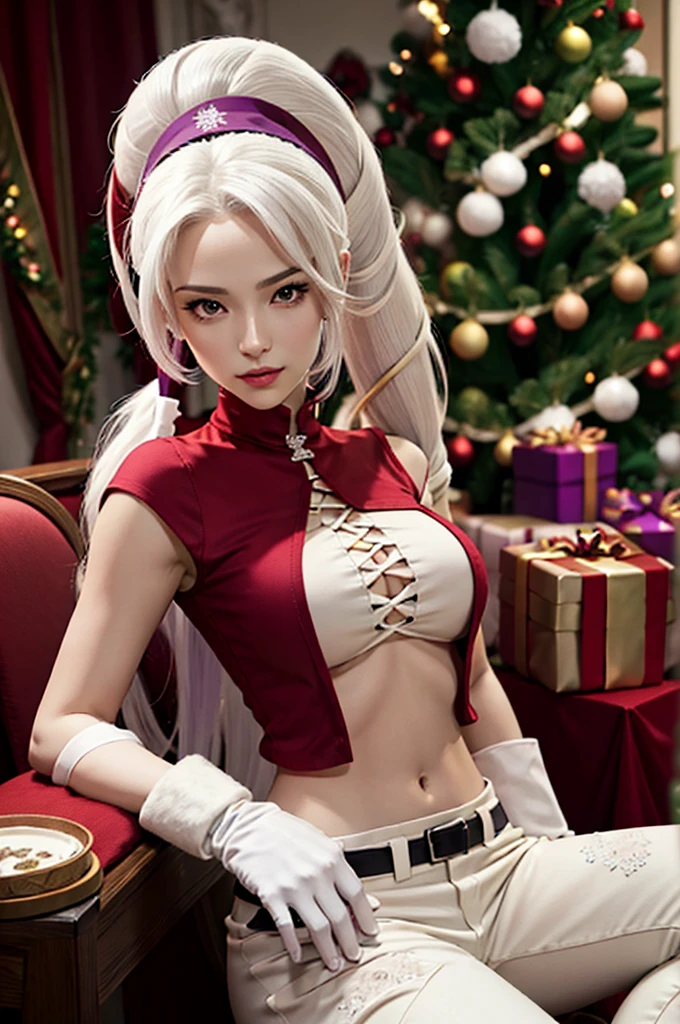 Ponytail Long white hair, Christmas hat, around purple Headband hair, beige PANTS, gloves, 1woman, sitting, detailed, realistic, covered navel, large breasts, looking at viewer, Christmas tree, Christmas gift, Christmas, waist, red shirt, beautiful face