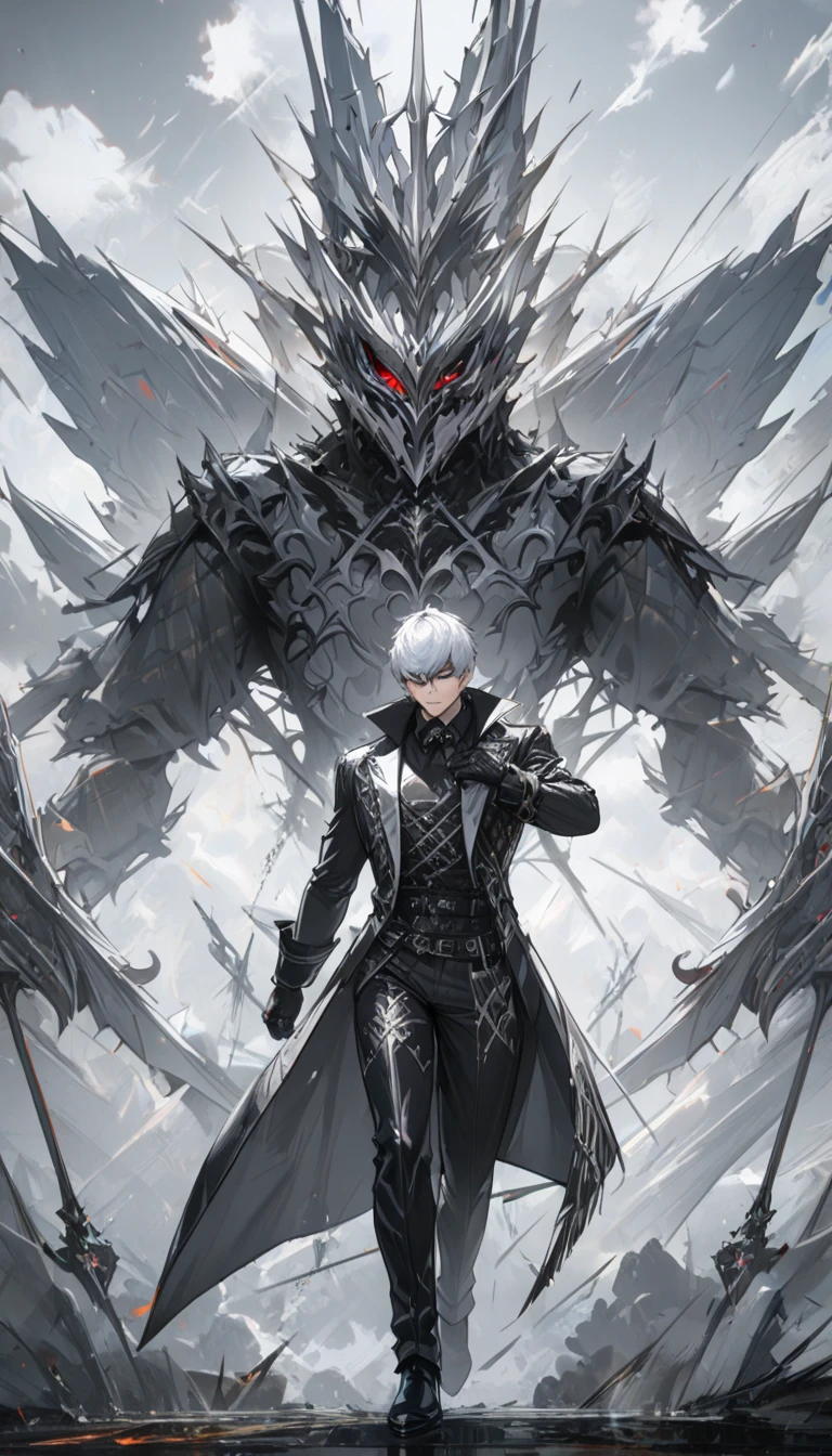 1 male, short hair, white hair, green eyes, black and silver diluc clothes, (best quality,4k,highres,masterpiece:1.2), slightly muscular, half mask, full body