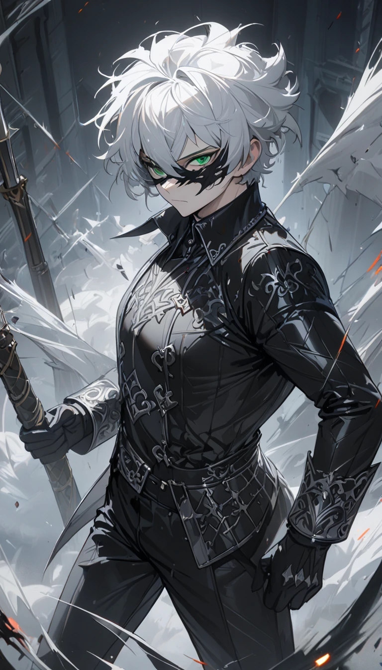 1 male, short hair, white hair, green eyes, black and silver diluc clothes, (best quality,4k,highres,masterpiece:1.2), slightly muscular, half mask, full body