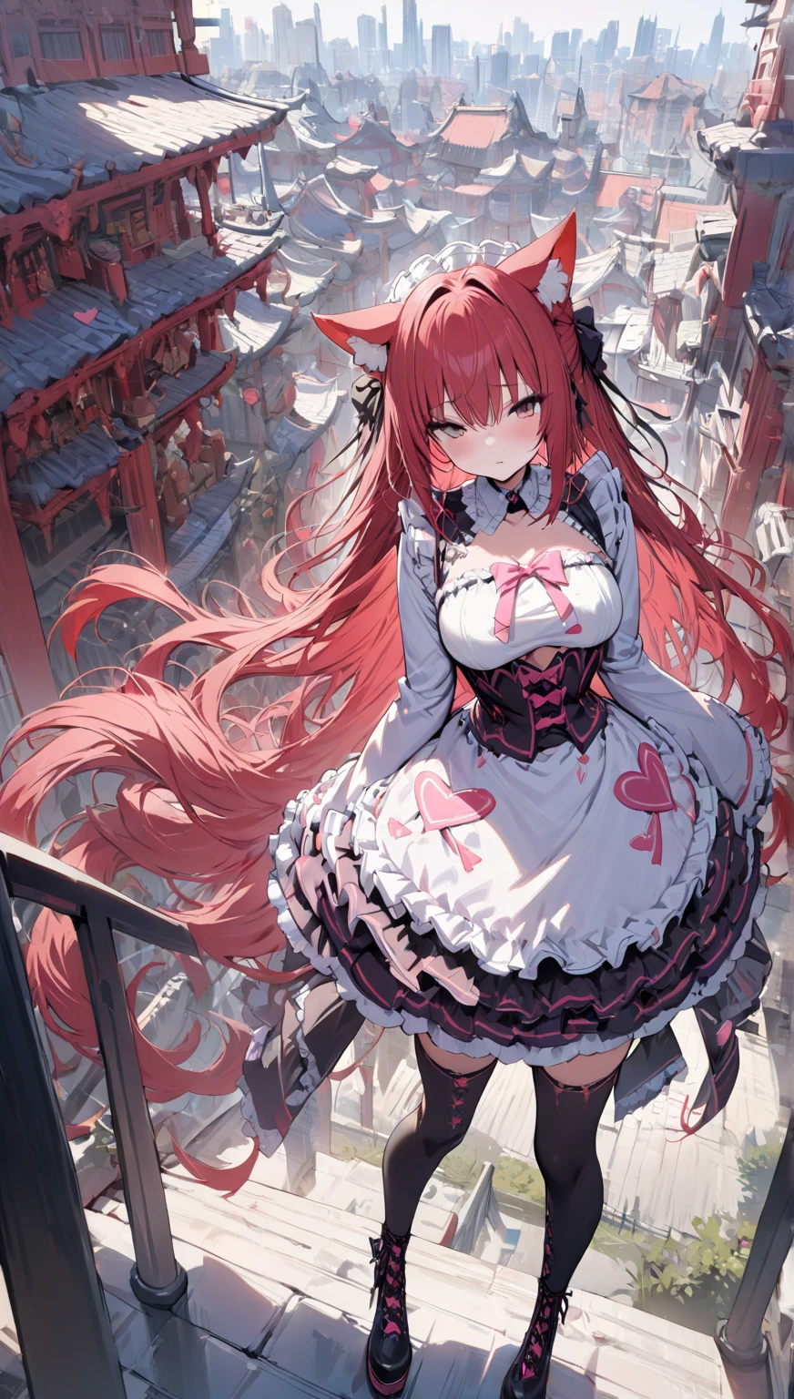 ((( top quality, very detailed with crimson hair,masterpiece, very detailed with crimson hair))), Kimono Pink (gothic lolita:1.2),Alone,city,day々 cutout , full shot ,(( Wide Shots )), lace up boots , super long hair ,Grey Hair, animal ears ,