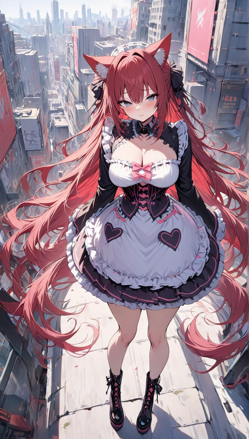 ((( top quality, very detailed with crimson hair,masterpiece, very detailed with crimson hair))), Kimono Pink (gothic lolita:1.2),Alone,city,day々 cutout , full shot ,(( Wide Shots )), lace up boots , super long hair ,Grey Hair, animal ears ,