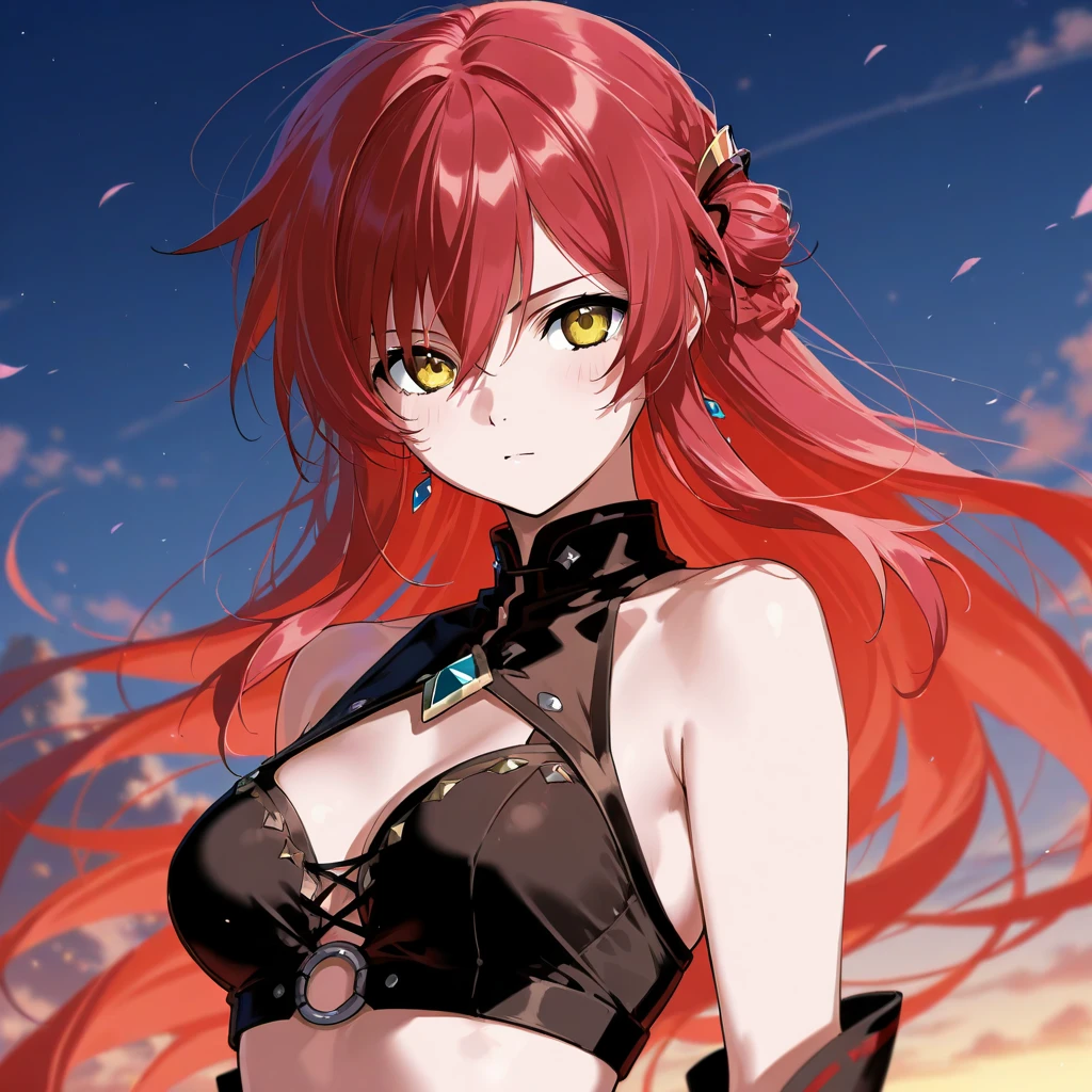 girl, green eyes, red hair and have bangs, yankee, arogant, thug, her hair long, wavy and messy, bad girl