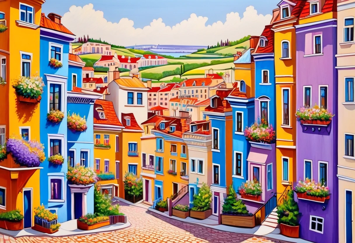  Cityscape with houses painted in color ,  depicted in perspective .  Colors soft beige ,  soft purple ,  soft blue and white .  Lots of windows and many different details ...balconies, Cornices, pipes, effluents , Flower beds, flowers, Bushes, trees,  swing , bicycle,  sandbox .  The bright colors and tactile quality of the oil enliven the composition,  creating a stunning and evocative masterpiece .  A detailed .  Clear and traced details .oil painting,  design dominated by bold ,  textured brushstrokes with noticeable relief 