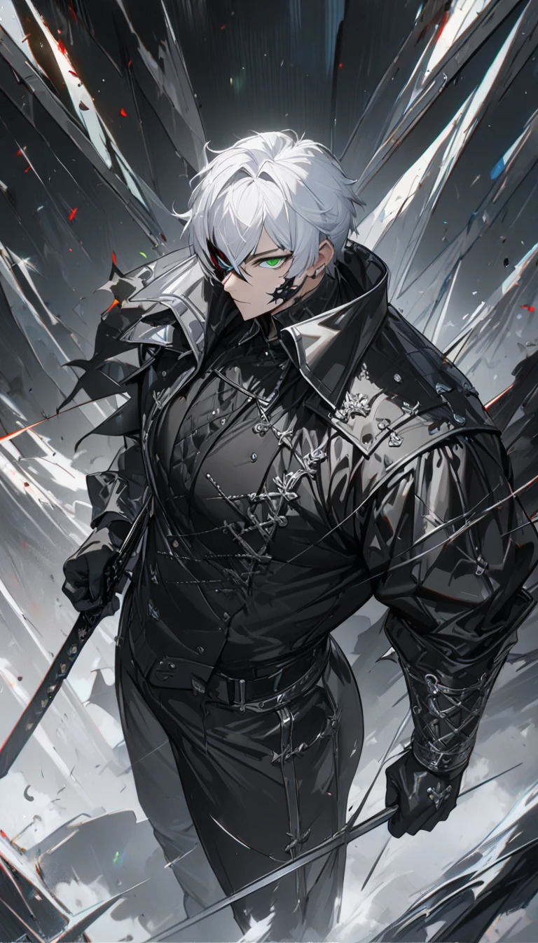 1 male, short hair, white hair, green eyes, black and silver diluc clothes, (best quality,4k,highres,masterpiece:1.2), slightly muscular, half mask, full body