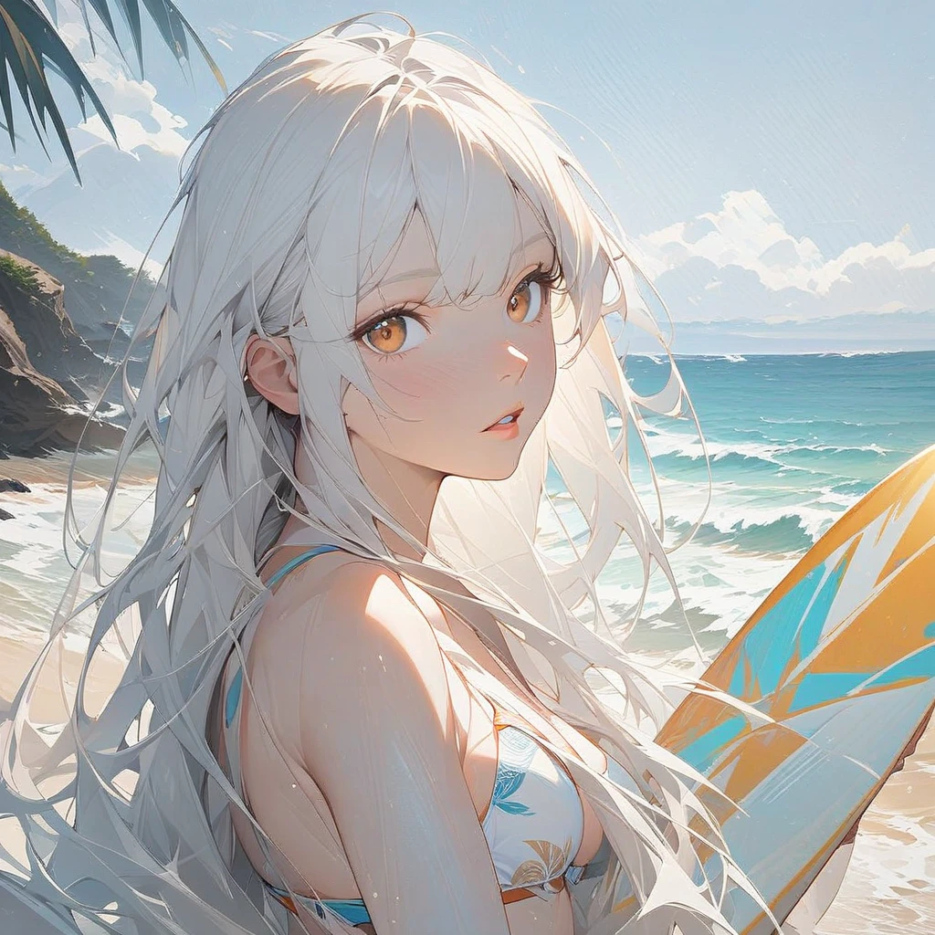 Long white hair, Surfer, Surfer girl, at the beach, waves, water, wearing bikini, surfboard, Solo, Solo, 1girl, High Resolution, Long Hair, Looking at viewer, High Resolution, Detail, High Details, Very Long Hair, White Hair, Parted Lips, Amber colored eyes