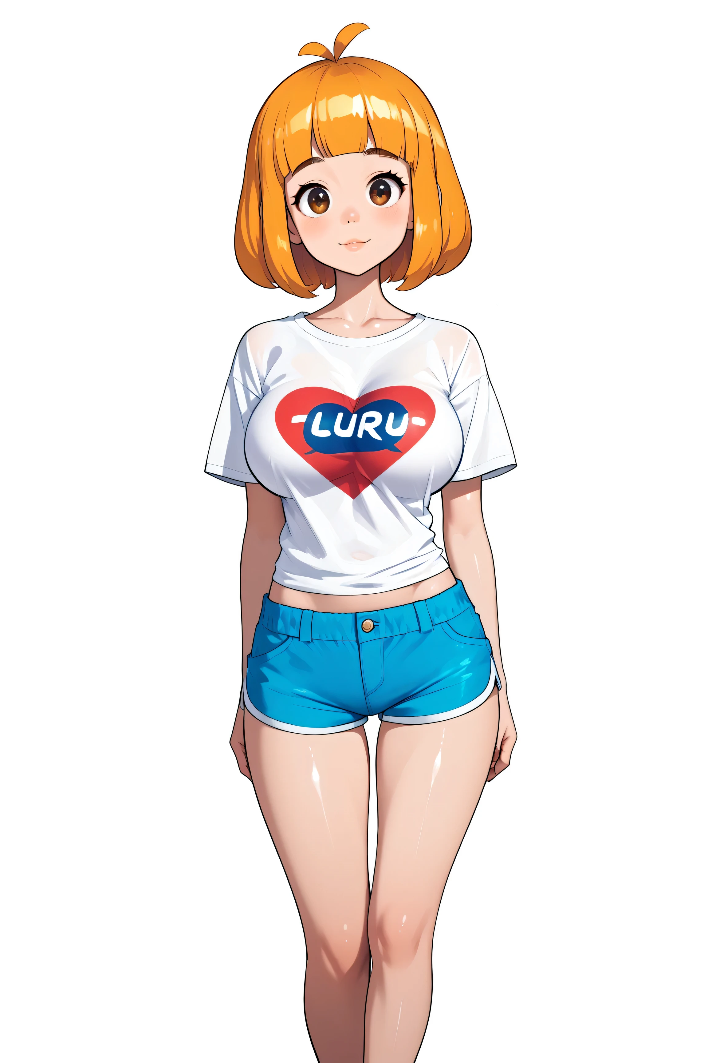 cute girl . Very kawaii , round face . alone , Slim , huge breasts , short and small . shiny skin . Pure white tube top T-shirt . shorts . dynamic poses . dynamic angle . No background , White background , looking at the audience