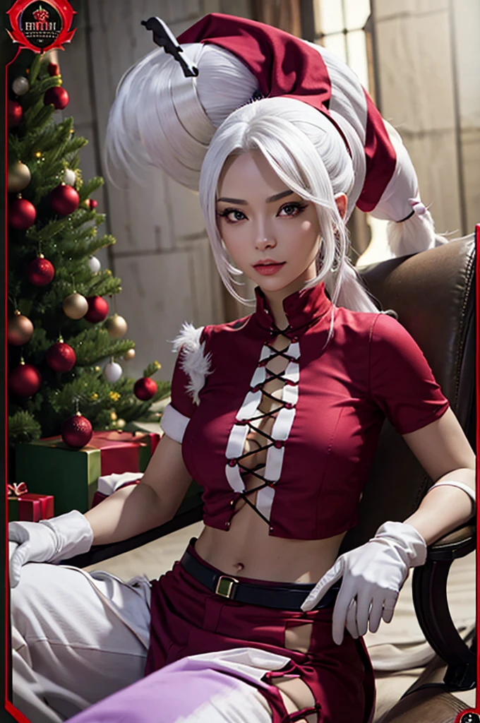 Ponytail Long white hair, Christmas hat, purple Headband hair, sage PANTS, gloves, 1woman, sitting, detailed, realistic, covered navel, large breasts, looking at viewer, Christmas tree, Christmas gift, Christmas, waist, red shirt, beautiful face, mature, perfect body 