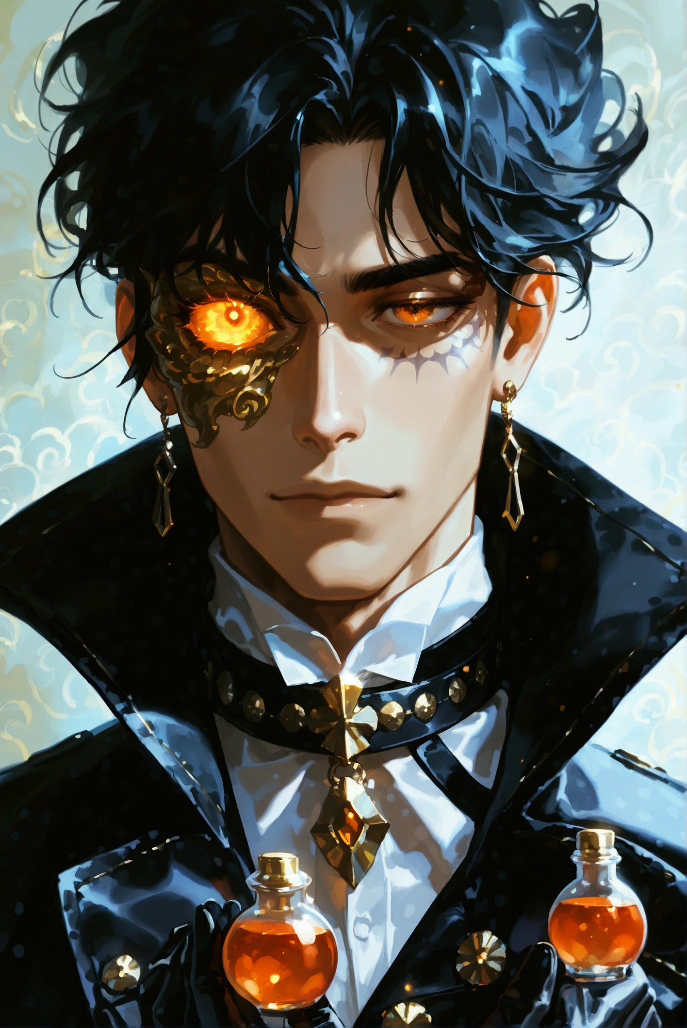absurdities, High resolution, ultra detailed, HdR, masterpiece, Extremely detailed face and eyes, long black hair, disheveled, very long hair, bushy eyebrows, White skin, serious, expressive blue eyes, detailed eyes, LOOKING AT THE SPECTATOR, 1 man, elegant, black magic shit, masculine, sorcery clothing, skull earring, skull ear hoop, sorcerer necklace, skull necklace, Long hair, dark aura background, Complete plan