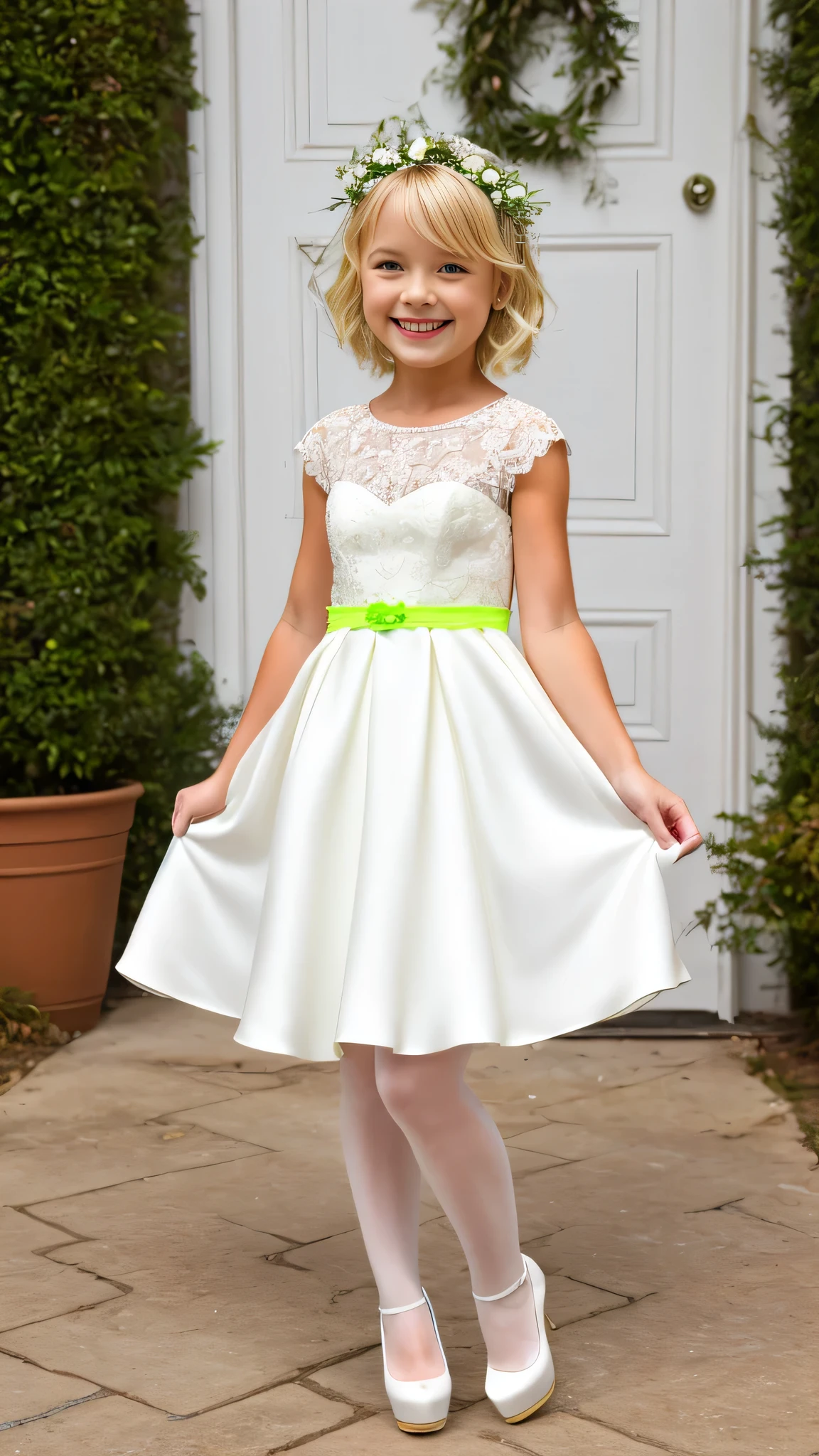 seven yearold petite, neon blonde hair, smiling, bride dress, standing, platform high heels, white pantyhose,
