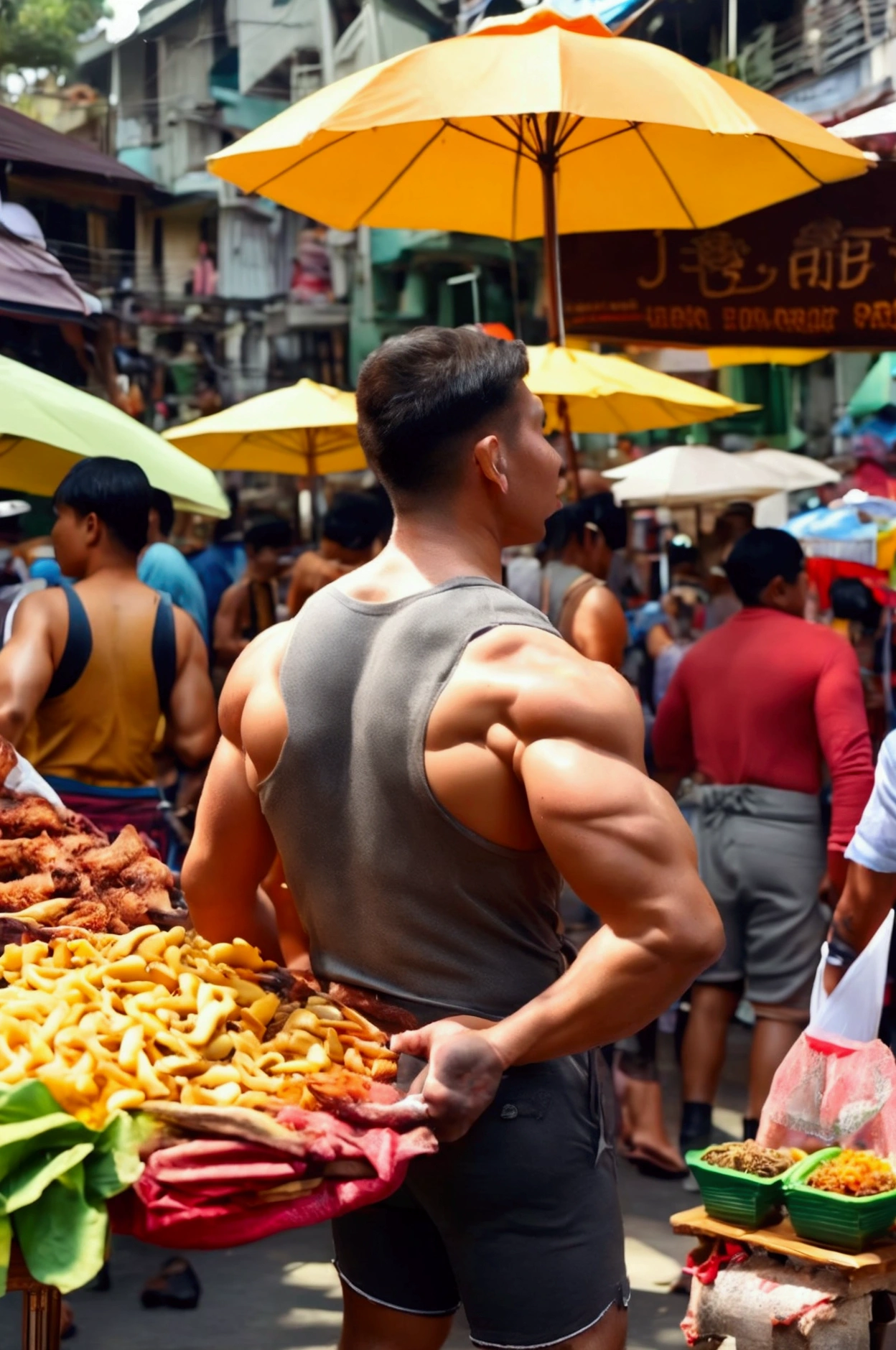 muscular man, khaki shorts, exposed hairy chest, exposed back, exposed legs, working at traditional Indonesian market, grilled chicken, traditional Indonesian market stalls, preparing grilled and baked chicken, concentration and skill, crowded market, people shopping, vendors selling goods, colorful umbrellas, Indonesian signs, lively atmosphere, short grey hair, handsome, hitler's style moustache, huge muscular arms and chest, mandala tattoooes on arm, stocky male buyer