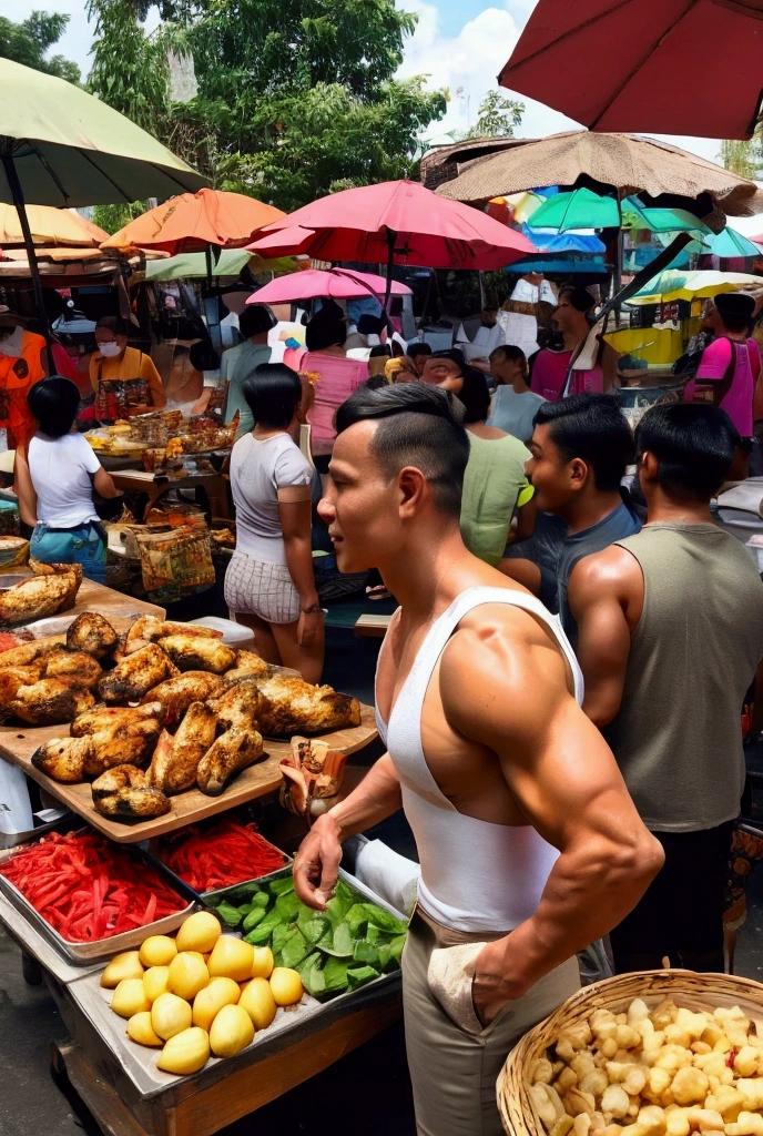 muscular man, khaki shorts, exposed hairy chest, exposed back, exposed legs, working at traditional Indonesian market, grilled chicken, traditional Indonesian market stalls, preparing grilled and baked chicken, concentration and skill, crowded market, people shopping, vendors selling goods, colorful umbrellas, Indonesian signs, lively atmosphere, short grey hair, handsome, hitler's style moustache, huge muscular arms and chest, mandala tattoooes on arm, stocky male buyer