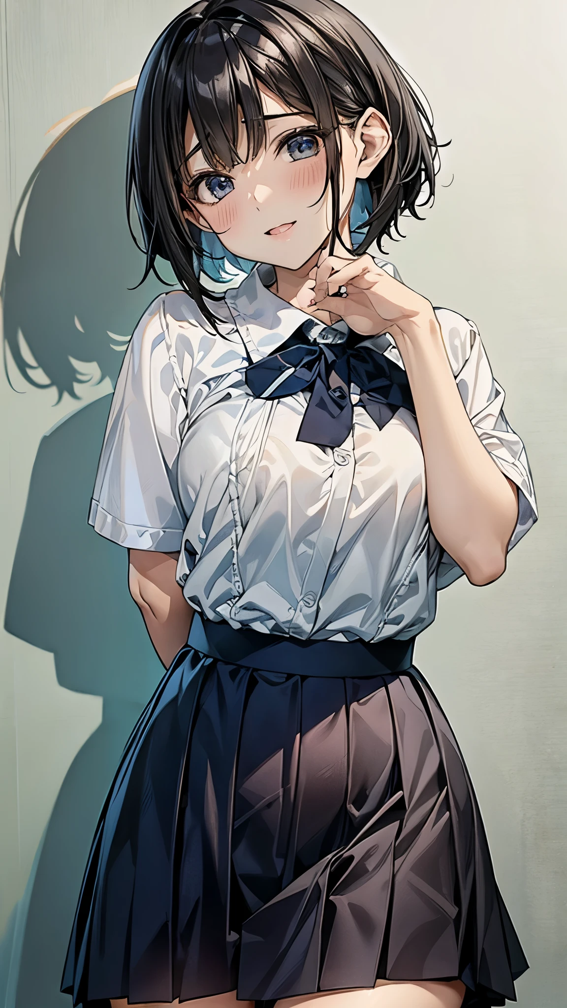  1 girl、Black Bob Hair、 best smile、plain white short-sleeved shirt with boobs in close contact 、Big breasted braless 、 shirt with transparent boobs 、 fluffy flared skirt with blue miniskirt 、青いミニスカートを持ち上げて white cute pantiesを見せる、waist-worn miniskirt、 white cute panties、 sandy beach and sea and Nyudo clouds 