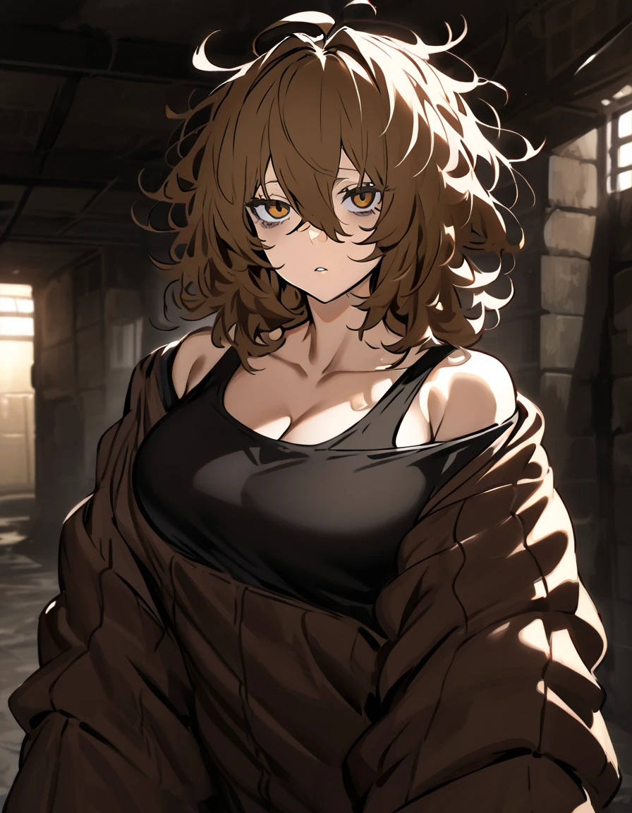 mature, golden eyes, looking at viewer, female, basement background, messy hair, short brown hair, parted lips, hair between eyes, ahoge, emotionless, tired eyes, black croptop, off shoulder comfy clothes, bags under eyes, curvy, bandage around hands, drider, spider legs