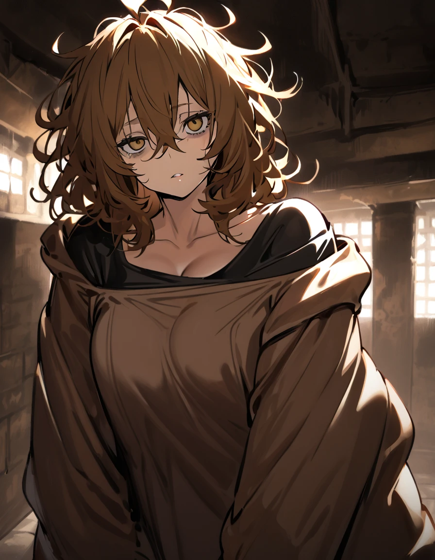 mature, golden eyes, looking at viewer, female, basement background, messy hair, short brown hair, parted lips, hair between eyes, ahoge, emotionless, tired eyes, black croptop, off shoulder comfy clothes, bags under eyes, curvy, bandage around hands, drider, spider legs