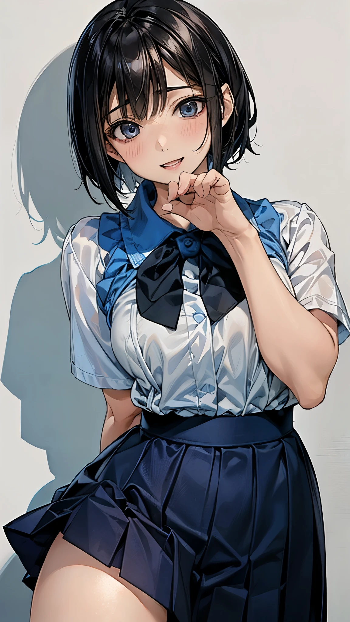  1 girl、Black Bob Hair、 best smile、plain white short-sleeved shirt with boobs in close contact 、Big breasted braless 、 shirt with transparent boobs 、Lift the blue miniskirt's fluffy flared skirt with both hands、 sandy beach and sea and Nyudo clouds 