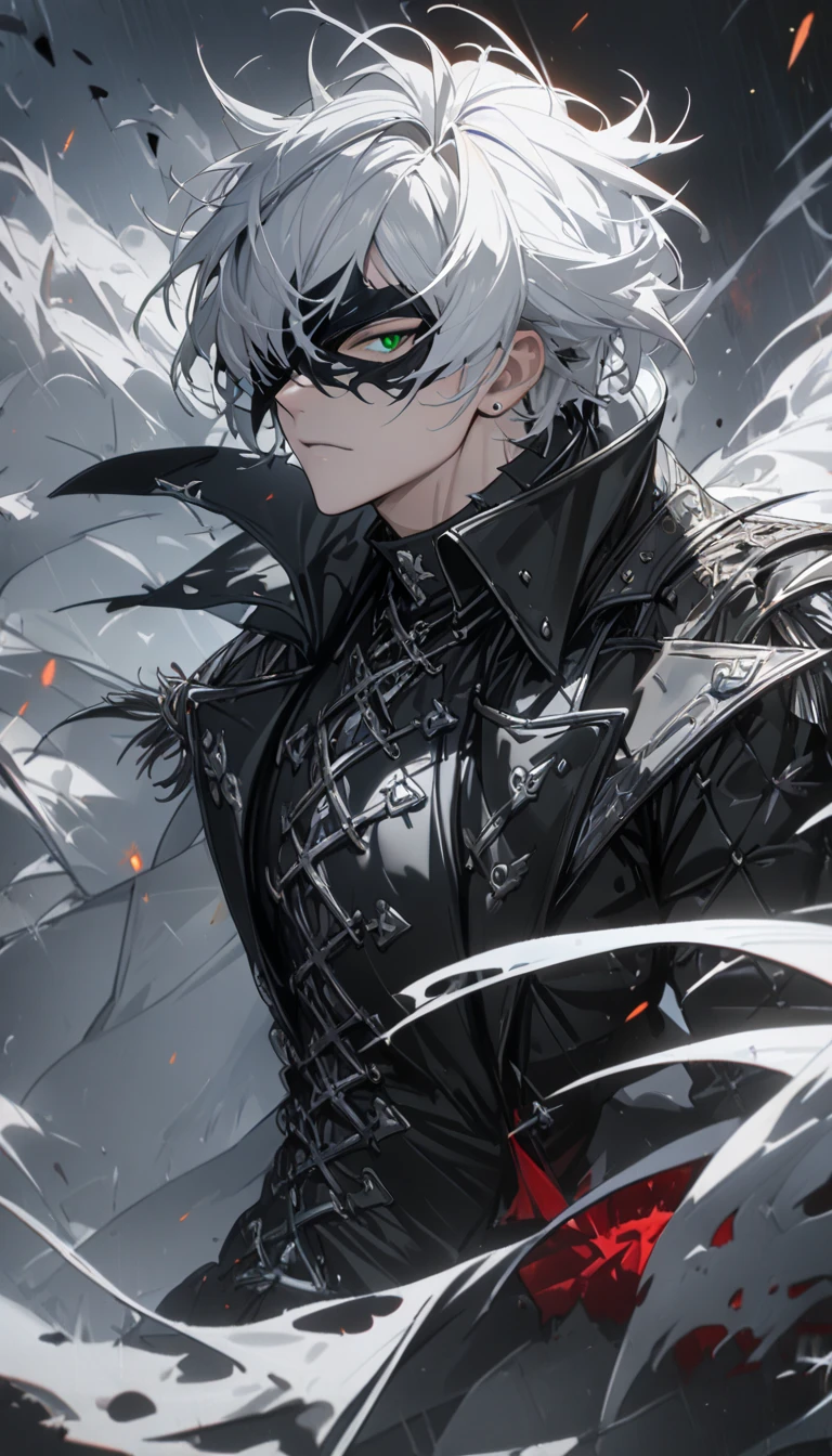 1 male, short hair, white hair, green eyes, black and silver diluc clothes, (best quality,4k,highres,masterpiece:1.2), slightly muscular, half mask, full body