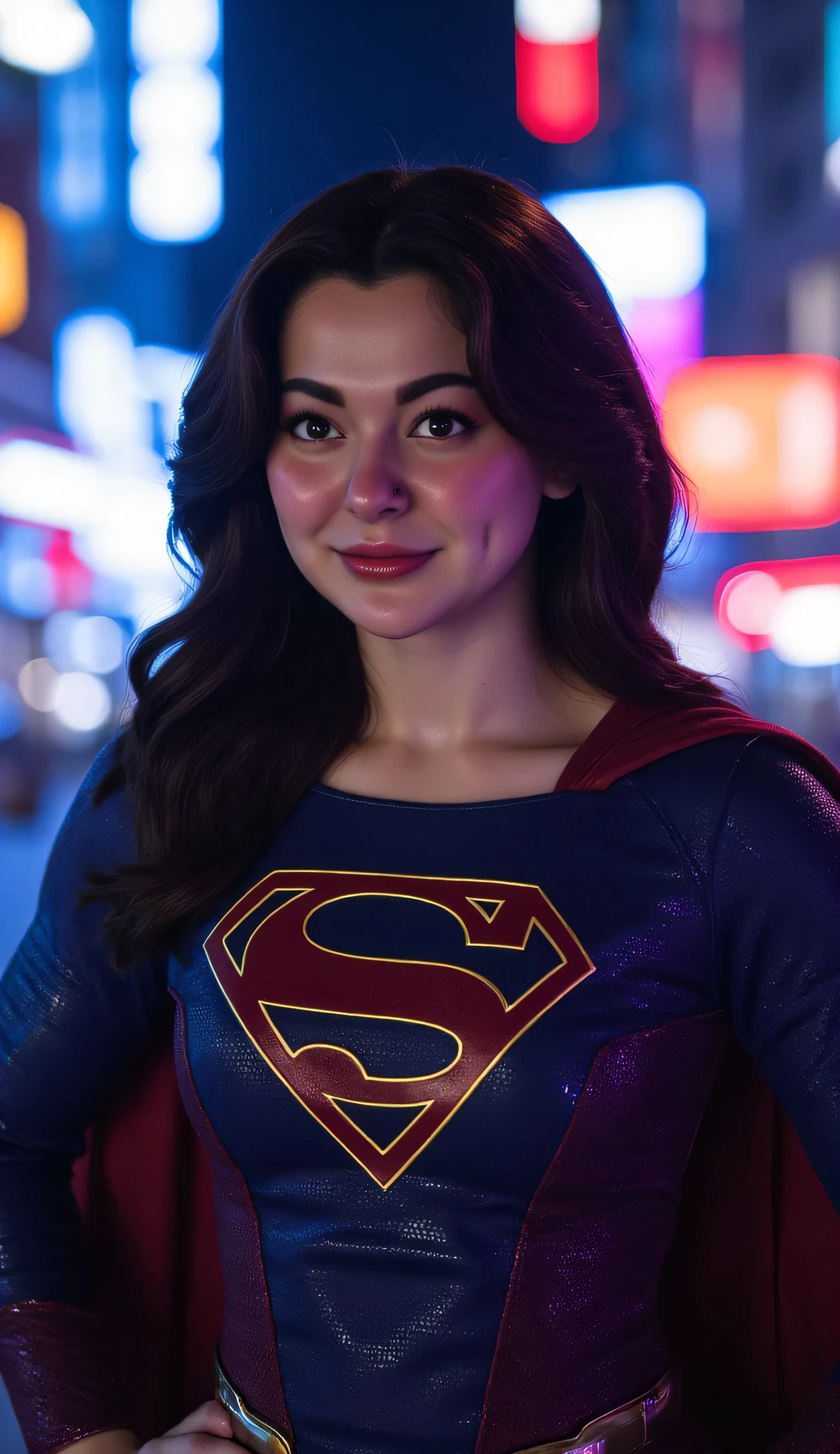 Hania Amir in Supergirl costume, (black hair), HD, remastered, HQ, 4K quality, cyberpunk cityscape, The very sexy Supergirl with her neckline outfit 