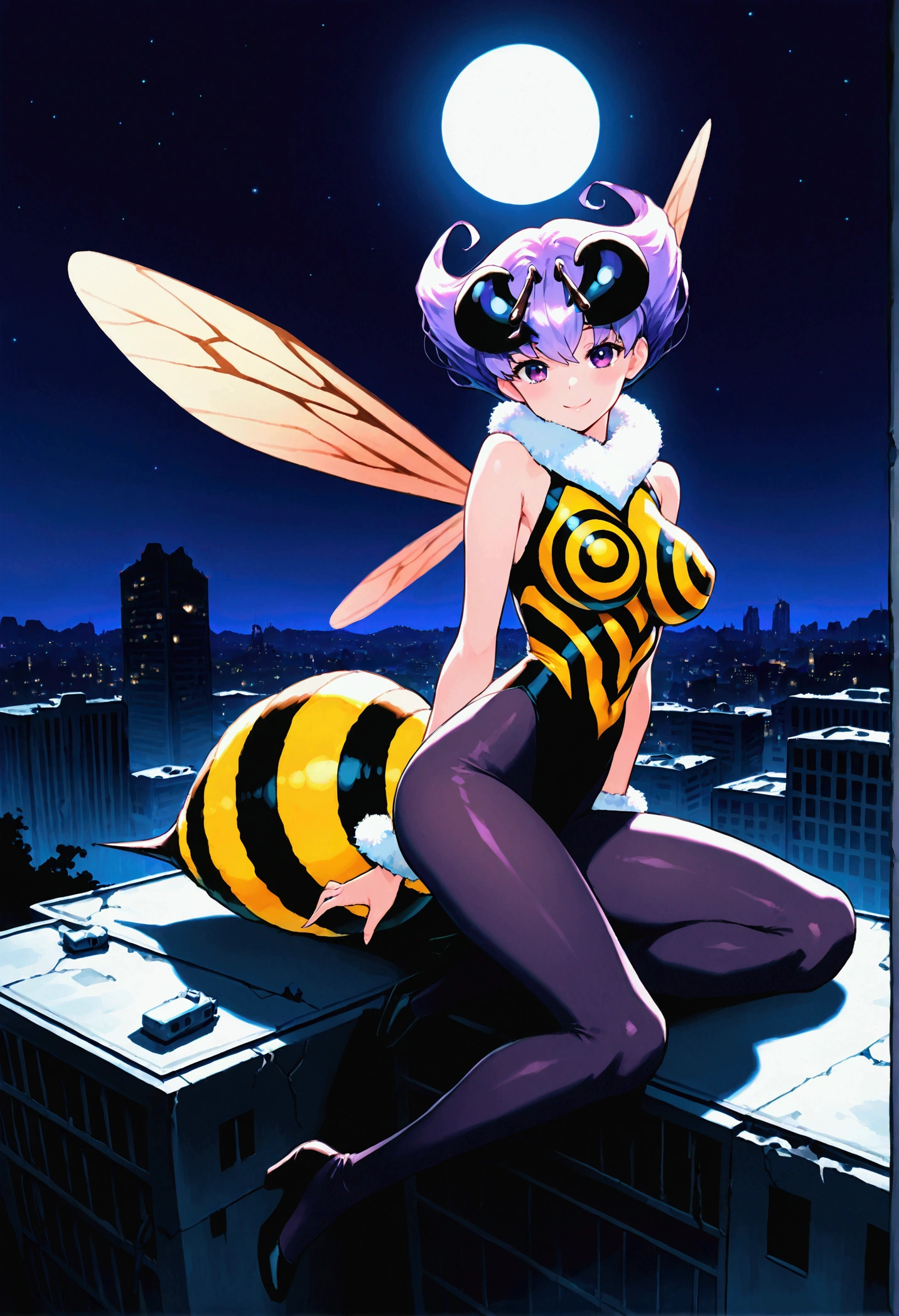 score_9,score_8_up,score_7, source anime, BREAK, 1girl, solo, bee girl, q-bee darkstalker, abdomen tail, bee tail, arthropod girl, wings, solo, antennae, purple hair, insect wings, monster girl, purple eyes, short hair, pantyhose, looking at viewer, purple pantyhose, bangs, leotard, fur collar, full body, smile, bare shoulders, bodysuit, sleeveless, breasts, fur trim, seductive, sexy, night sky, post-apocalypse, crumbling city on background, late night, moon, (masterpiece), best quality, high res, HD, 4k, 8k, Detailed Illustration, intricate detail, cinematic lighting, amazing quality, amazing shading, soft lighting, absurdres, newest,  half-length portrait, close-up,