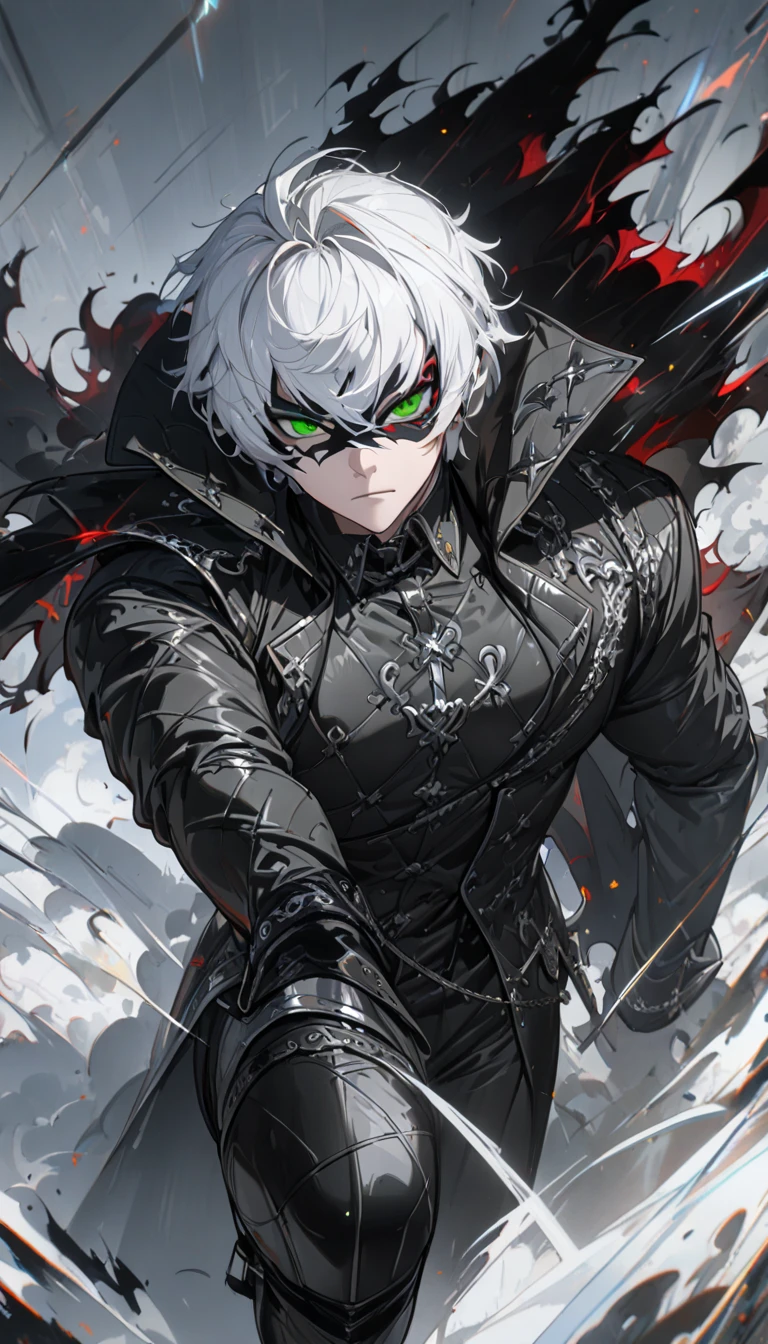 1 male, short hair, white hair, green eyes, black and silver diluc clothes, (best quality,4k,highres,masterpiece:1.2), slightly muscular, half mask, full body