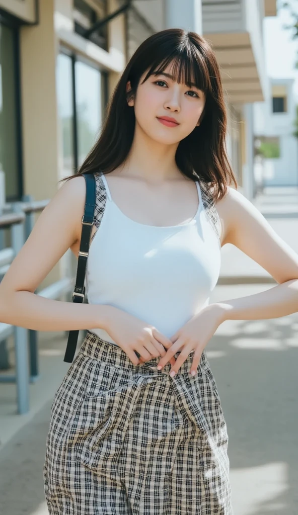 (((Big Breasts:1.52)))、((View angle from below、 top quality、masterpiece、32K、Every Little Detail ))、Descend the outdoor stairs、commute、Systemic symptoms、Very loose camisole、 pleated skirt、((( Strong wind blows my hair and skirt:1.62)))、((The shoulder strap can be worn diagonally.:1.83))(( Extremely Accurate and Accurate Anatomy :1.0)), (photo  realistic :1.4), (hyper  realistic :1.4), ( top qualityの realistic な肌の質感:1.4), (Improved quality:1.4), (  enhances the beauty of the skin texture  :1.1), Clean, glowing skin, mesh, thin:1.2, ( realistic :1.3),  realistic なライティング, (  smoother lighting  :1.05), ( improves film lighting quality:0.9), Backlight, A gentle light for your face,  ray tracing, ( bright light:1.2), 32K,  One Japanese Woman , fine grain,  detailed face , ( film grain:1.1),( body line :1.1),  high definition ,  natural look, Kind eyes, Improves hair quality,  Delicate Shading , 、 One Girl , Alone、((( miniskirt,  no underwear:1.22)))、Big Breasts、barefoot,  high heels