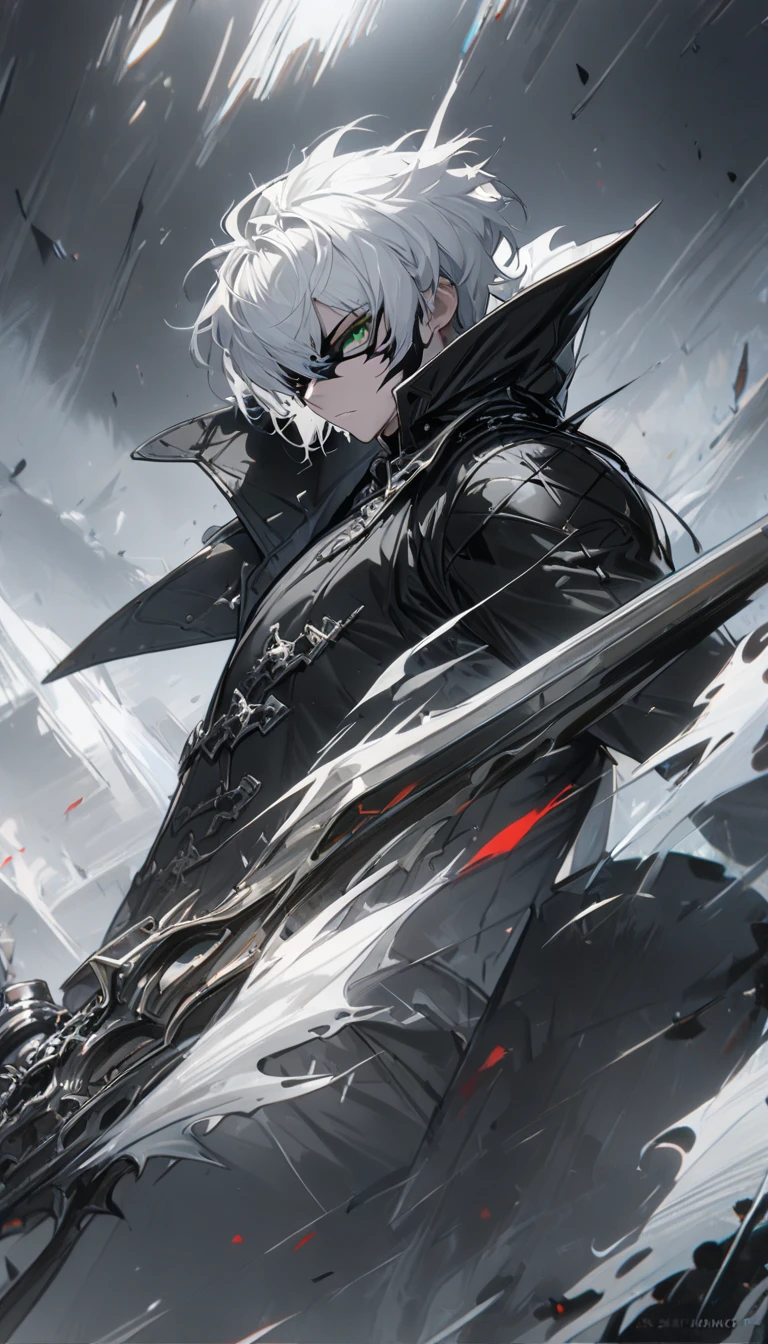 1 male, short hair, white hair, green eyes, black and silver diluc clothes, (best quality,4k,highres,masterpiece:1.2), slightly muscular, half mask, full body