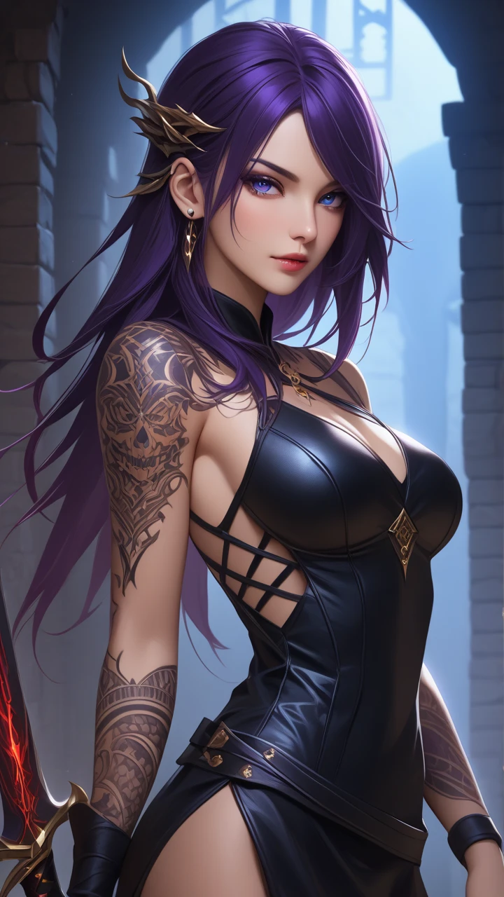  Detailed portraits of female assassins in dark fantasy scenes ,  with long flowing hair in black and purple ,  tattoo on face ,  piercing blue  eyes that emanate a sense of danger [ fine eyes ,  piercing blue :1.1], wearing a sleek  black leather dress  [ black leather dress ], adorned with  intricate tattoos all over her body [ intricate tattoos:1.1], รวมถึงเกล็ดdragonบนแขน [รอยสักเกล็ดdragon]  and intricate skull patterns on the back  [ skull head tattoo :1.1]. She stands in a  dim cellar  [ dim cellar ], hold (Curved sword ), The scene is illuminated with  flying firewood Luminous Shiny  [ flying firewood Luminous Shiny ],  creates shadows and adds a tense atmosphere. .  The color palette is mostly dark and hazy. , with hints of  red and purple lines  [  dark palette and mood  ,  red and purple lines ],  creates a sense of mystery and danger . The lighting emphasizes the sharp edges and  Intricate Details  of the assassin's attire and tattoos,  add depth and texture to the overall composition.  [ highlighting sharp edges ,  Intricate Details ].  sharp image high definition , with  extreme attention to detail  [ Open Back Dress,  extreme attention to detail :1.2],  showcases technical expertise and lighting expertise and Artist's shadow.  Realistic but shy art style Fantasy ,  reflects the essence of the dark and fascinating world of the dungeon.  & dragon [ Realistic art style with a sense of fantasy ].