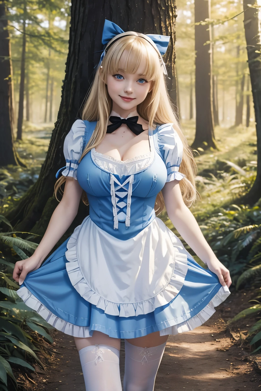 Alice(Alice in Wonderland)、 A Beautiful English Woman 、black head ribbon、 blonde hair 、 straight hair、With bangs、 blue eyes、smile、Big Breasts、 sexy body 、I'm wearing a LightBlue mini dress with an open chest under a white ruffle apron、 white knee-high socks 、 black high heels、Standing in the woods