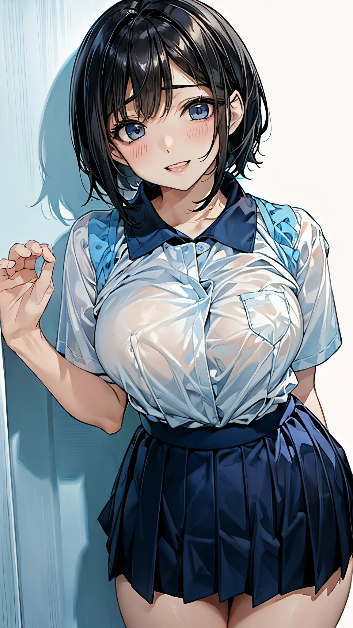  1 girl、Black Bob Hair、 best smile、 white plain short sleeve shirt with huge breasts in close contact、No bra with huge breasts 、 shirt with transparent boobs 、Lift the blue miniskirt's fluffy flared skirt with both hands、 sandy beach and sea and Nyudo clouds 