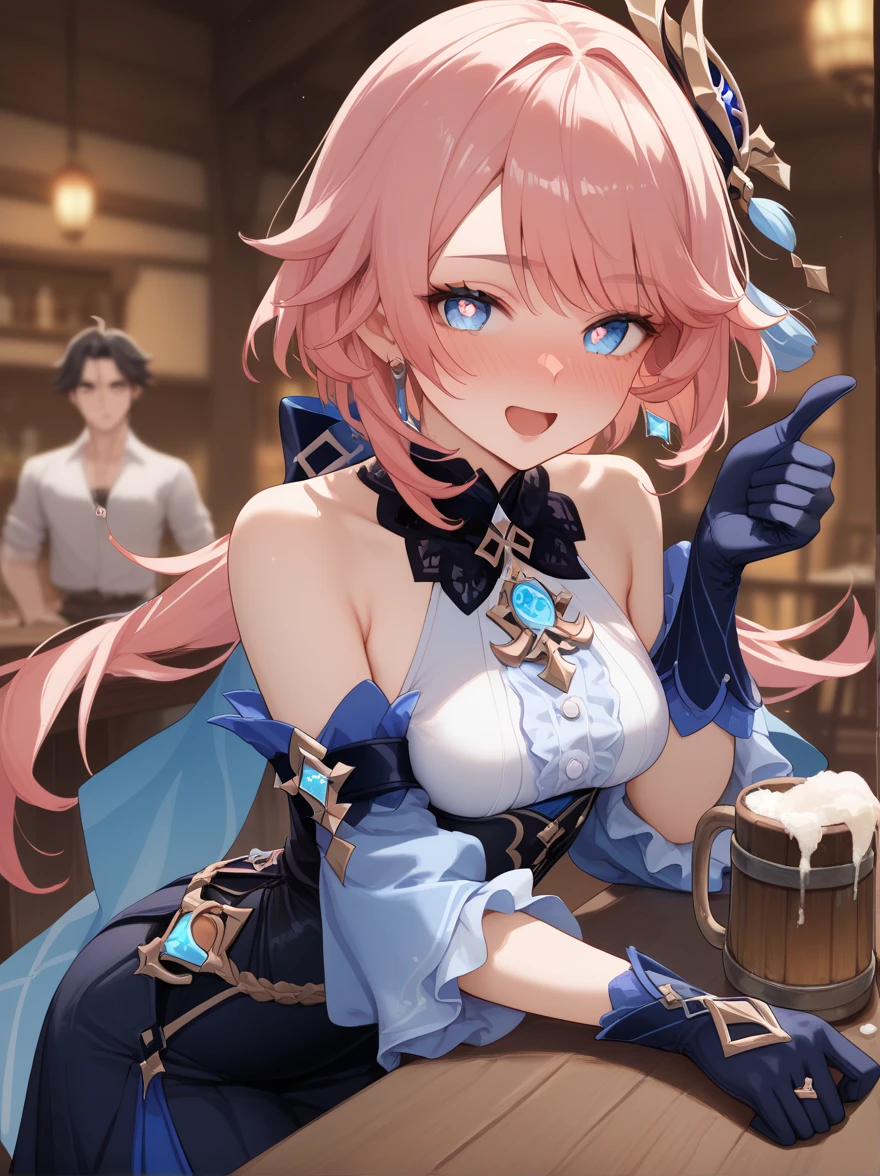  1girl, One, They read , ring hair ornament, sleeveless leotard, asymmetric gloves , long skirt, sight \( genshin impact \),  medium breasts ,  open mouth , drunk,  thumbs up ,  pink pupils ,  blue eyes ,  looks at the viewer , beer mug , seat, on a chair, leaning on a table , tavern ,  style to blush, cup, blurred background,  masterpiece fails,  top quality ,  absurd result,  high definition ,