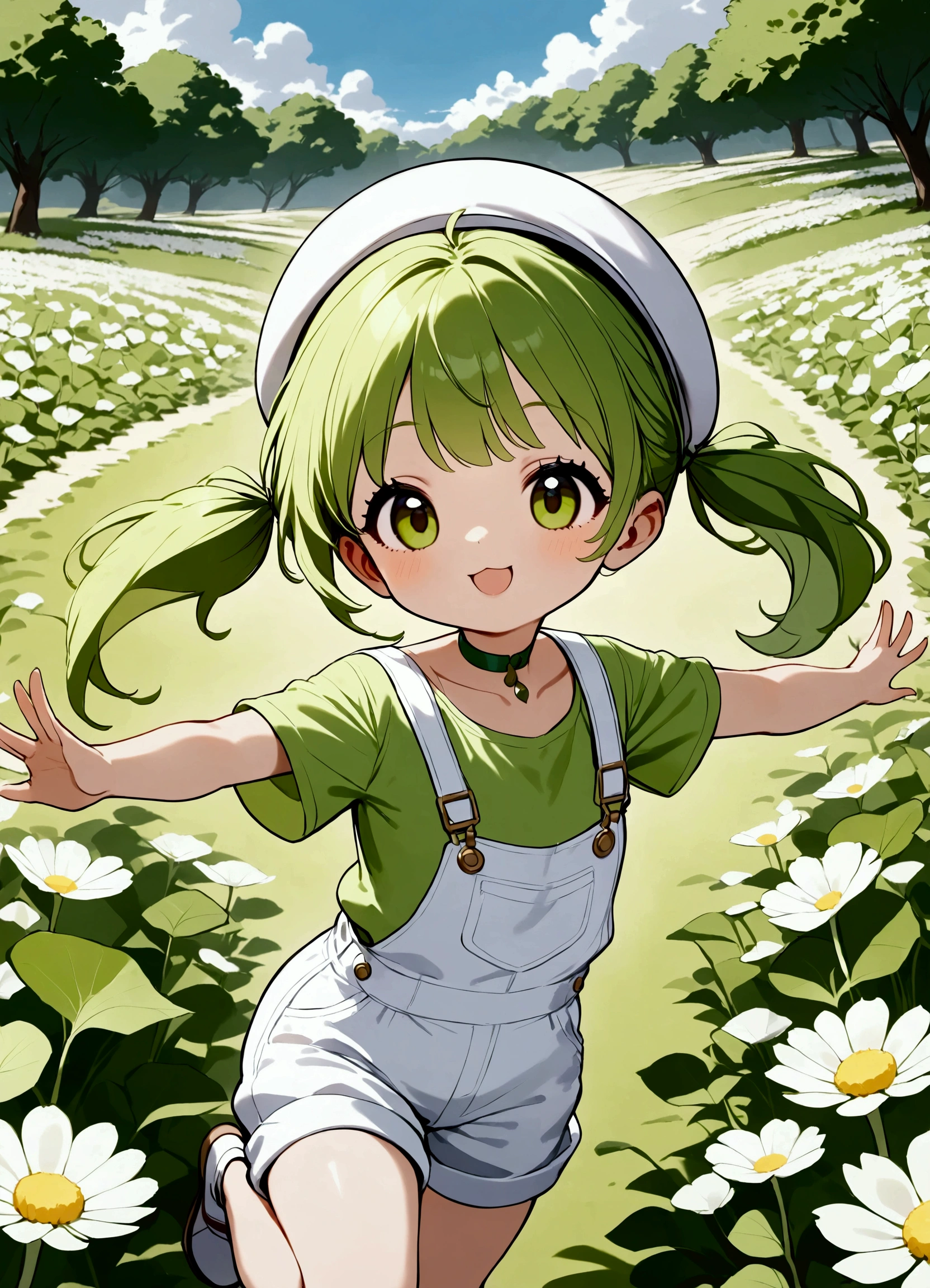 DKG 、 cute girl、 little character,　((Daikon leaf growing ))White Beret、 short green twin tails ,  :1.2、Green T-shirt、 white overalls 、Green choker,　With open arms、 stand on one leg:1.4、Bright Park、Flower Field