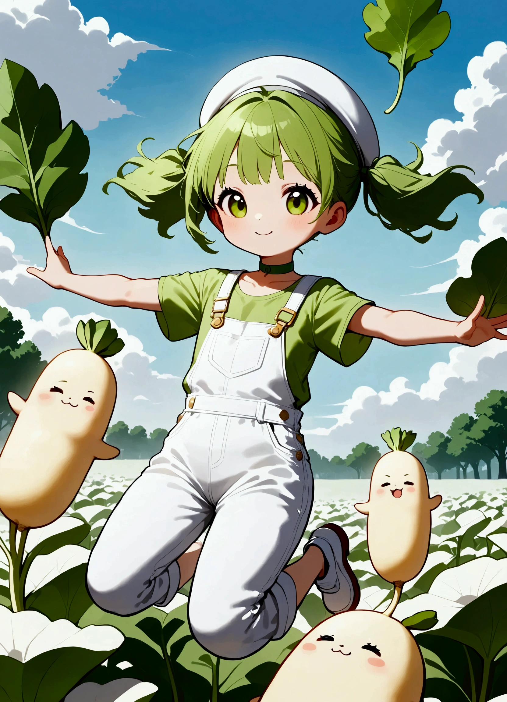 DKG ,  cute girl,  little character, ((Daikon leaf growing ))White Beret,  short green twin tails .  :1.2, Green T-shirt,  white overalls , Green choker, With open arms, Jump energetically:1.4, Bright Park, Flower Field