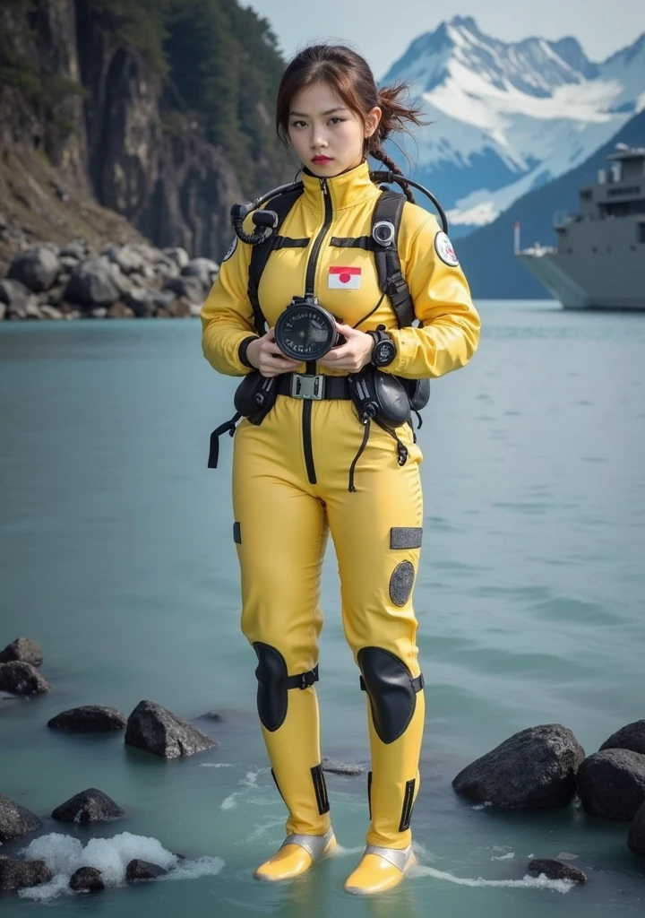 A documentary photo, Photo-realistic, ultra-realistic, (Japanese beautiful young woman, famous Japanese idol, boyish cool face:1.3), wetlook rubberish pink clothes,, she is a military diver of Japan navy, experienced military diver, wearing a professional wetsuits for military diver with professional scuba equipment, She is on a shlre, She is preparing to scuba dive for a lifesaving mission, there is a large battle ship behind her,, Natural Makeup, boyish face ,Front View:1.21, Perfect Anatomy:1.21, Small head:1.21, Slender body:1.37, Narrow waist:1.5, Thin limbs:1.5, Flat Chest:1.5, Anatomically correct limbs, Diving Suits warm  wetlook (high smooth turtleneck collar), Fully equipped for diving, Very cute Japanese woman, Brown Hair, Chignon Hair, woman holds oval scuba mask, Calm sea in qinter, Dynamic and emotional movie lighting, 