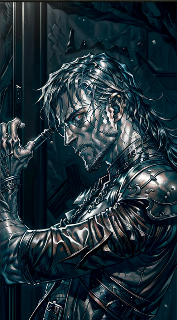 (RAW Photo, Best Quality), (Realistic, Photorealistic Photo: 1.3), Best Quality, Highly Detailed, Masterpiece, Ultra Detailed, Illustration, a close up of a person holding a sword in a dark room, grimdark paladin, by Yang J, dark fantasy style art, evil knight, dark fantasy concept art, shadowbringers cinematic, fantasy paladin, dark fantasy style, epic fantasy art style, from arknights, gothic knight, high fantasy concept art, amazing 8k character concept art, upper body, mascular, high detail on muscles, Best Quality, Extremely Detailed CG Unified 8k Wallpaper, Ink, Amazing, badass look, portrait, close up (skin texture), intricately detailed, fine details, hyperdetailed.