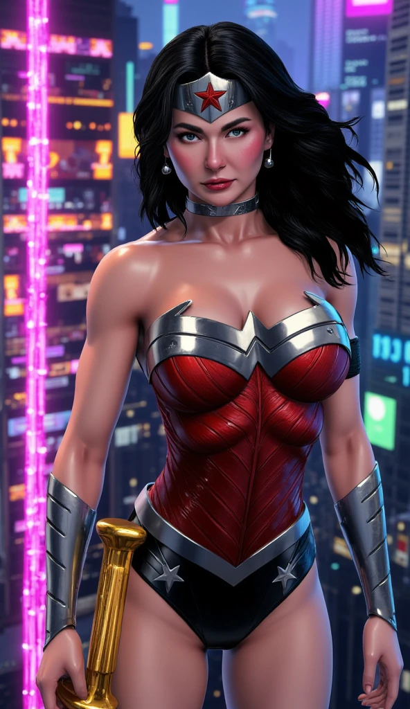 Hania Amir in wonder woman costume, (black hair), HD, remastered, HQ, 4K quality, cyberpunk cityscape, The very sexy with her neckline outfit 