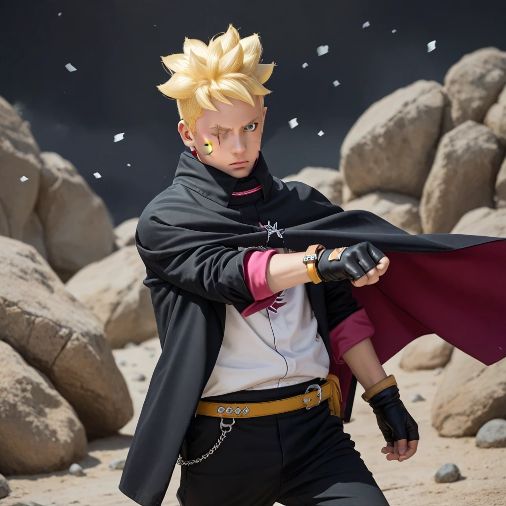 Boruto, 1boy, solo, yellow hair, blue eyes, two black lines on the cheek, black cloak, black pants, gloves, rocks background, fight pose, cowboy shot, one eyes closed,Textured Skin, 