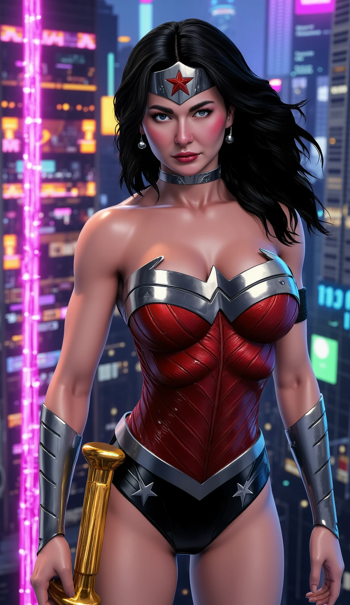 Hania Amir in wonder woman costume, (black hair), HD, remastered, HQ, 4K quality, cyberpunk cityscape, The very sexy with her neckline outfit 