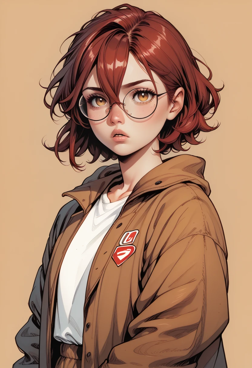 traditional media, score_7_up, score_6_up, highres, official_art, parted lips, looking at viewer, round eyewear, detailed face, freckles, red hair, brown hair, hair between eyes, mole under eye, oversized jacket, shiny clothes, commix style
