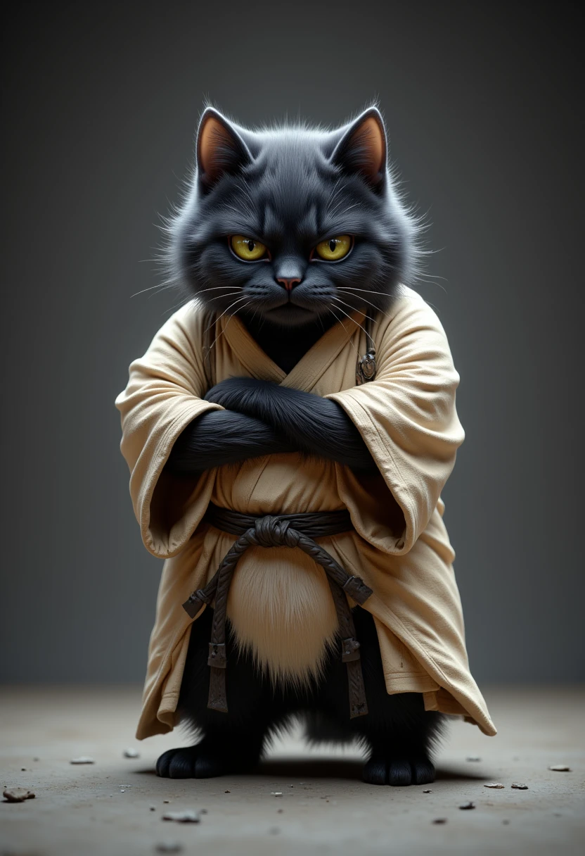 a grumpy, fluffy chubby black cat standing upright with its arms crossed. Wearing a Dogi, Japanese traditional uniform.The cat has a thick, soft beige fur coat, a round body, and sharp, piercing eyes that convey annoyance. The background is minimalistic, featuring a smooth gradient from dark gray to light gray, with a subtle textured floor beneath the cat. The lighting emphasizes the texture of the fur, creating a soft glow around the figure. The overall style is realistic with a touch of cartoonish exaggeration, focusing on the cat's expressive face and confident stance.