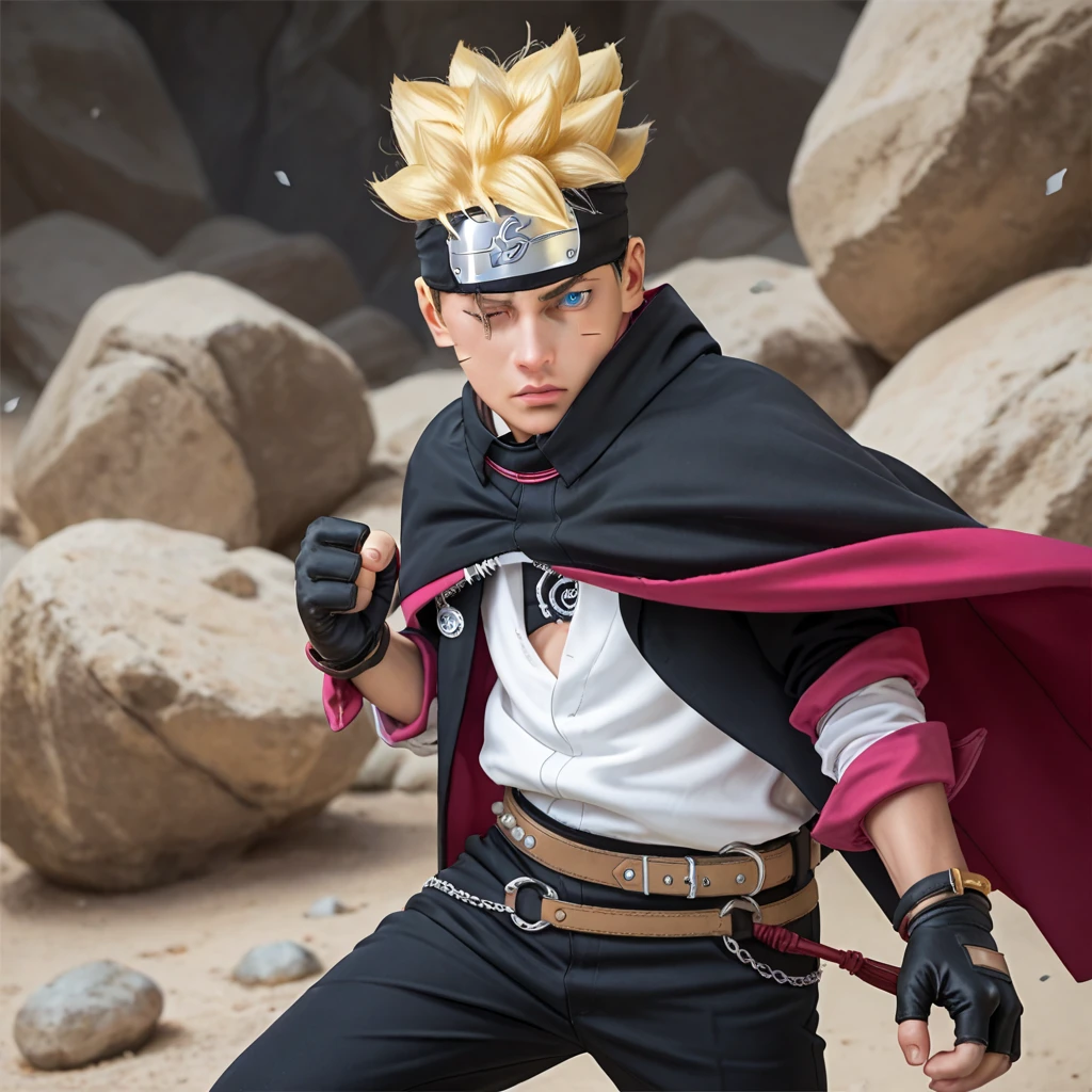 Boruto, 1boy, solo, yellow hair, head protector, blue eyes, two black lines on the cheek, black cloak, black pants, gloves, rocks background, fight pose, cowboy shot, one eyes closed,Textured Skin