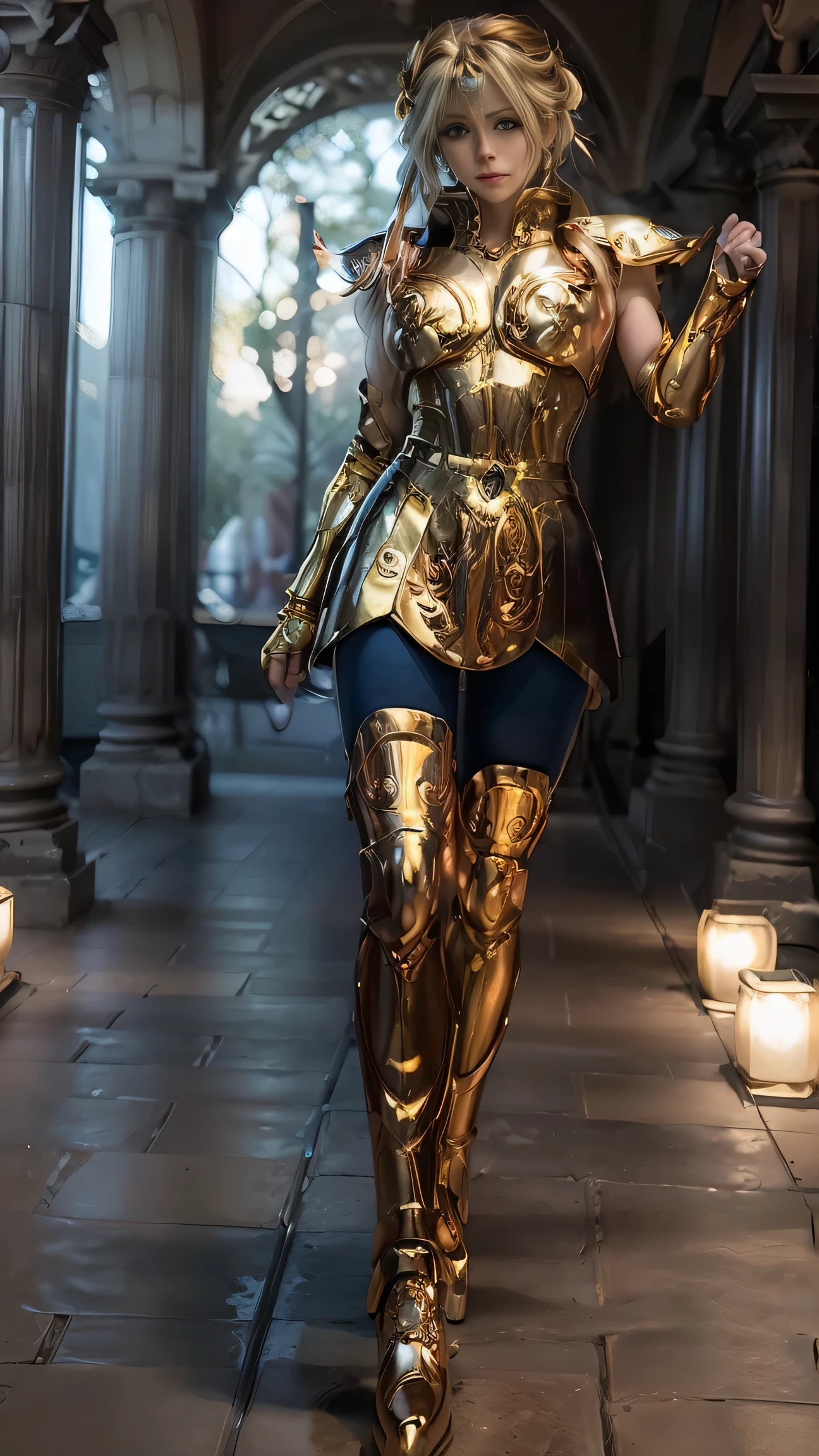 **Prompt Melhorado - Cavaleira de Ouro da Constelação de Gêmeos**
A hyper-realistic and cinematic depiction of a female knight wearing the iconic golden Gemini armor, inspired by the zodiac constellations and the anime *Saint Seiya*. The camera captures a full-body view, from head to toe, showcasing her striking presence in a dynamic and powerful pose. The setting is a dramatic Greek temple bridge under a vivid, stormy sky, with soft, diffused lighting creating an ethereal and mysterious atmosphere.
The golden Gemini armor is exquisitely detailed, with reflective textures that shimmer under the dramatic lighting. Its intricate celestial engravings and layered plates perfectly contour her figure, emphasizing both elegance and strength. The armor includes a prominent chest plate, ornate shoulder guards, and articulated arm and leg pieces, all radiating with vibrant golden hues. The helm, adorned with dual-faced designs symbolizing Gemini’s duality, adds an imposing and majestic touch, framing her face while leaving her long, flowing white hair visible. The hair is rendered with a lifelike texture, moving subtly in the breeze.
Her piercing red eyes exude confidence and a serene yet commanding aura, drawing the viewer’s attention. A soft smile on her lips balances her serious demeanor, adding a layer of mystique to her character. Her posture is upright, with one arm resting naturally and the other slightly extended, enhancing the dynamic composition. She wears golden boots that seamlessly integrate with the armor, grounding her presence on the temple bridge.
The dramatic, cinematic lighting and shadows emphasize the curves and textures of the armor, creating a high-contrast, photorealistic image. The backdrop of Athena’s temple, with towering marble columns and dramatic skies, adds depth and grandeur, while subtle bokeh effects draw the focus to her and the armor. The image is rendered in ultra-high resolution, with HDR lighting, realistic textures, and vibr