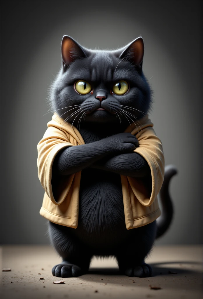 A realistic photo portrait of a grumpy, fluffy chubby black cat standing upright with its arms crossed. Wearing a Dogi, Japanese traditional uniform.The cat has a thick, soft beige fur coat, a round body, and sharp, piercing eyes that convey annoyance. The background is minimalistic, featuring a smooth gradient from dark gray to light gray, with a subtle textured floor beneath the cat. The lighting emphasizes the texture of the fur, creating a soft glow around the figure. The overall style is realistic with a touch of cartoonish exaggeration, focusing on the cat's expressive face and confident stance.