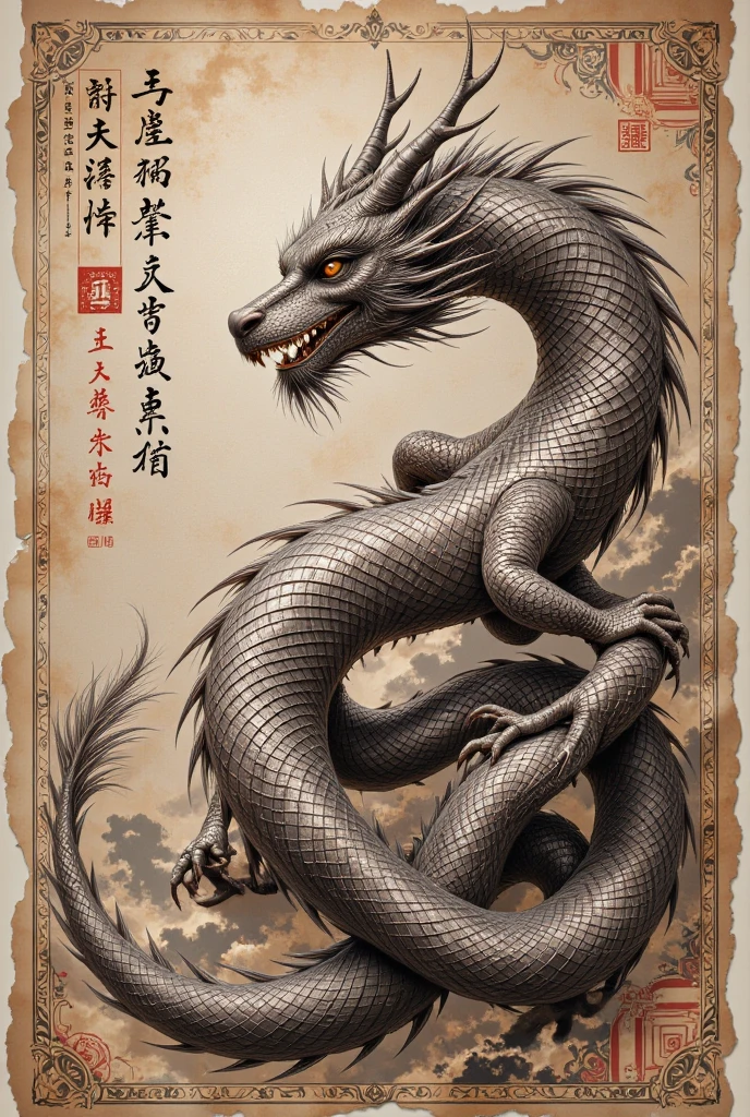 A majestic oriental dragon, meticulously drawn in black ink with intricate details showcasing scales and traditional art techniques. The dragon is perched on an ancient parchment, adorned with Chinese characters and decorative patterns, emphasizing the aged texture of the paper. The composition should convey a sense of wisdom and power, with a subtle background that does not distract from the magnificence of the dragon.