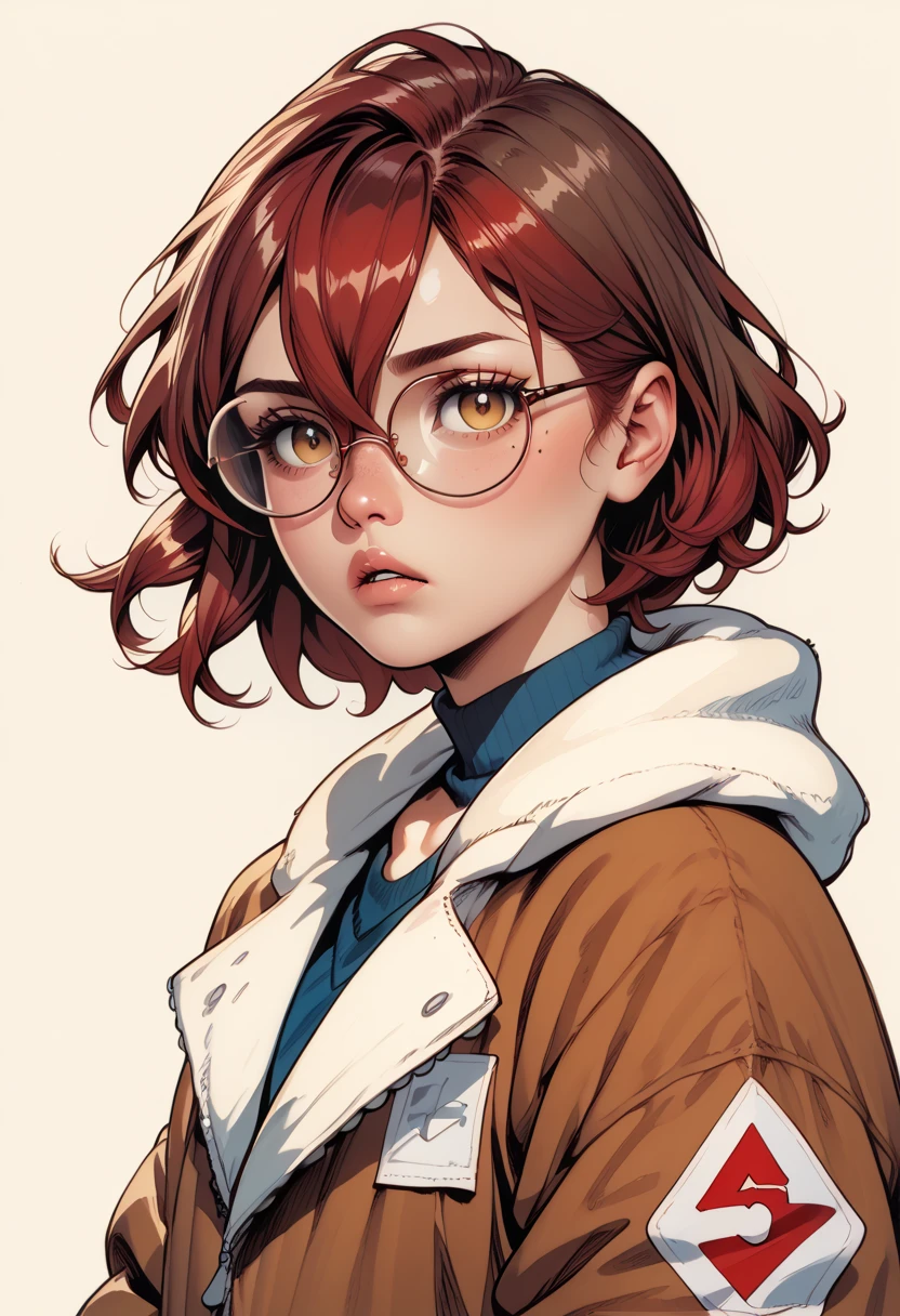 traditional media, score_7_up, score_6_up, highres, official_art, parted lips, looking at viewer, round eyewear, detailed face, freckles, red hair, brown hair, hair between eyes, mole under eye, oversized jacket, shiny clothes, commix style