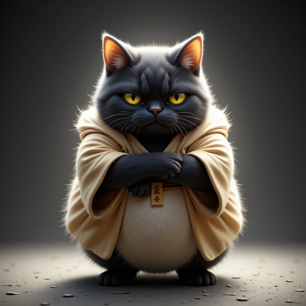 A realistic photo portrait of a grumpy, fluffy chubby black cat standing upright with its arms crossed. Wearing a Dogi, Japanese traditional uniform.The cat has a thick, soft beige fur coat, a round body, and sharp, piercing eyes that convey annoyance. The background is minimalistic, featuring a smooth gradient from dark gray to light gray, with a subtle textured floor beneath the cat. The lighting emphasizes the texture of the fur, creating a soft glow around the figure. The overall style is realistic with a touch of cartoonish exaggeration, focusing on the cat's expressive face and confident stance.