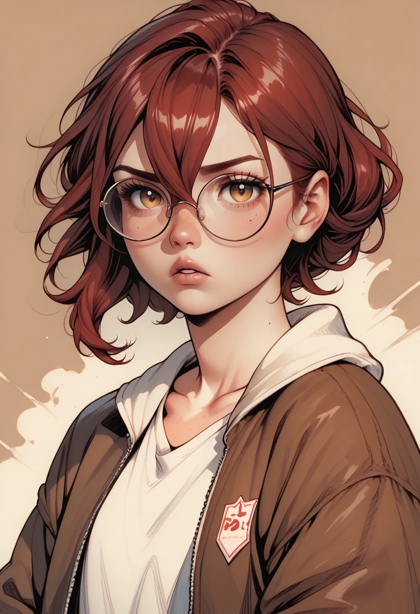 traditional media, score_7_up, score_6_up, highres, official_art, parted lips, looking at viewer, round eyewear, detailed face, freckles, red hair, brown hair, hair between eyes, mole under eye, oversized jacket, shiny clothes, commix style
