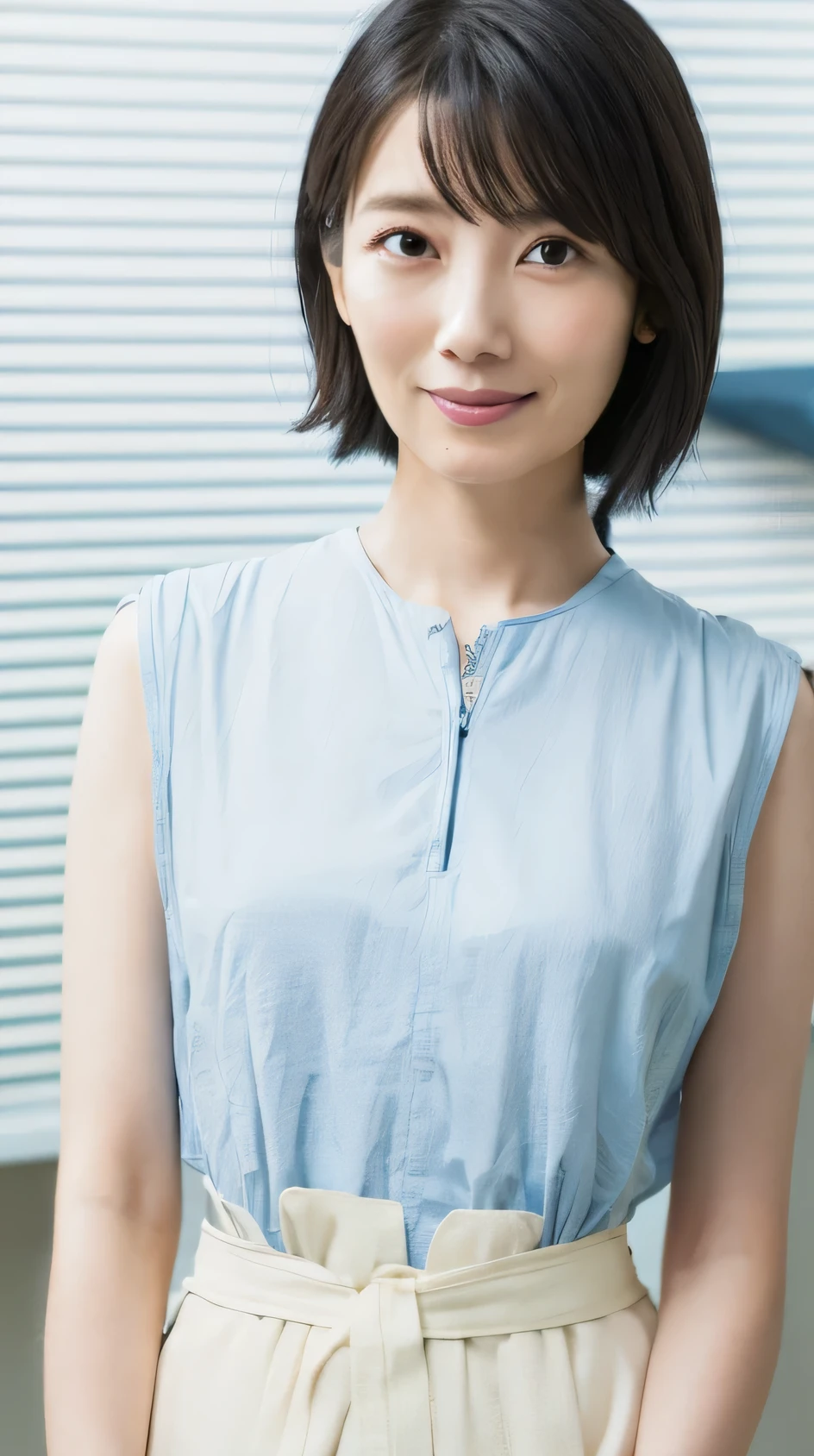 Japanese woman, age {30th Generation|40s}, ( detailed face ), ( Details Eyes ), {length| short} straight hair , Elongated Shape , (( emphasizes a thin waist: 1.5)), (Blue underwear) , Improve image quality, Quality maintenance, Authentic photography, Award-Winning Portraits, 16k ultra high quality, high definition full body view , from above,Shooting in a room,