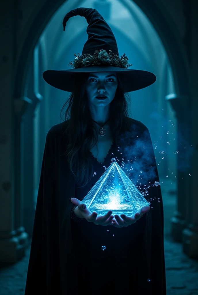 " A dark sorceress in a Gothic setting ,  wearing a pointed black hat with floral details and a dark cloak ,  transmitting a magical and mysterious aura .  She is holding a shiny pyramid-shaped object ,  that emits an intense blue light . Around you, splashes and waves of water float in the air ,  creating a dynamic effect .  The background is composed of shaded Gothic arches and an enigmatic atmosphere,  with predominant shades of black and dark blue ."

