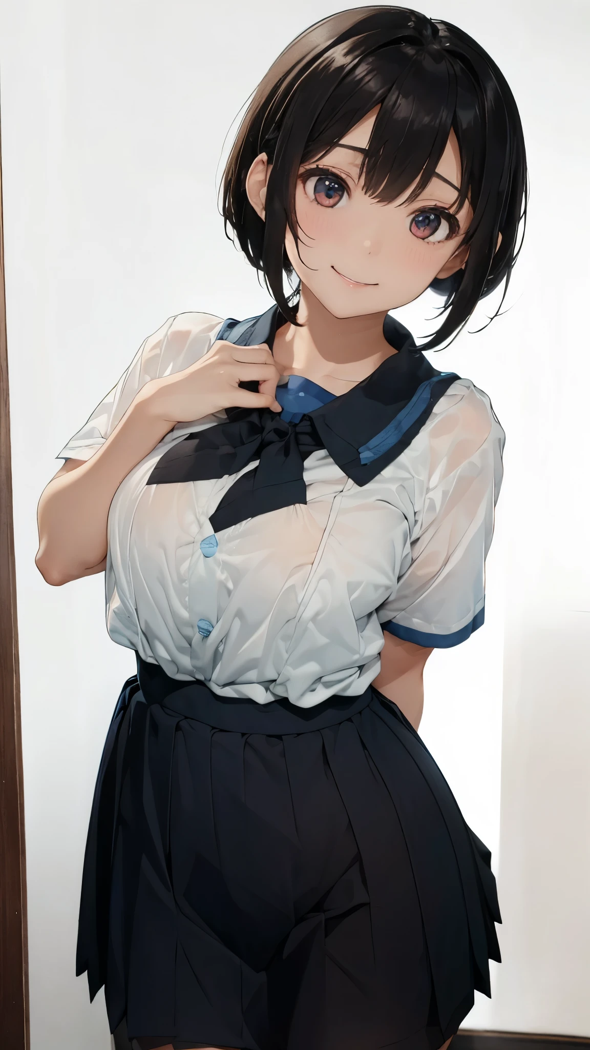  1 girl、Black Bob Hair、 best smile、 white plain short sleeve shirt with huge breasts in close contact、No bra with huge breasts 、 shirt with transparent boobs 、Lift the blue miniskirt with both hands 、 sandy beach and sea and Nyudo clouds 