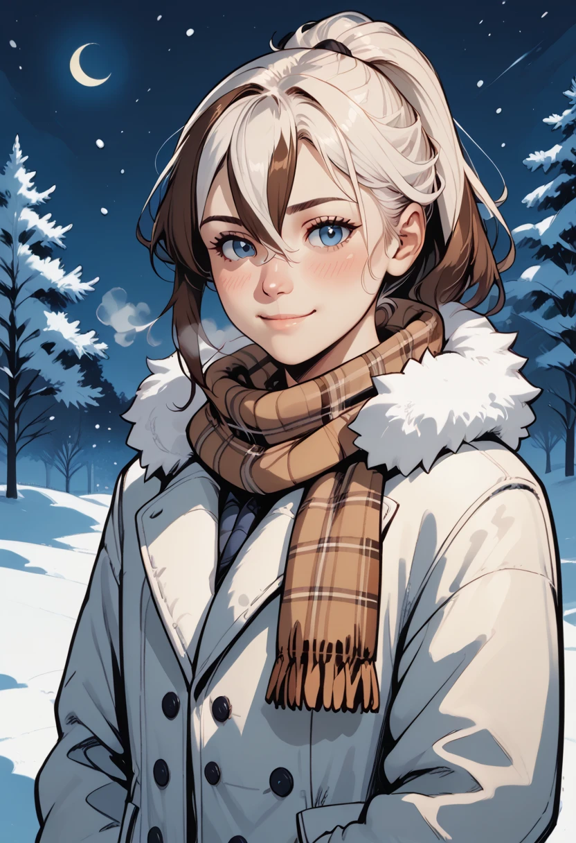 score_9,score_8_up,score_7_up,score_6_up,score_5_up,score_4_up,source_realistic,1girl,blue eyes,blush,breath,brown hair,brown scarf,closed mouth,coat,fur trim,hair between eyes,jacket,long hair,long sleeves,looking at viewer,multicolored hair,night,outdoors,plaid clothes,plaid scarf,ponytail,scarf,smile,solo,streaked hair,upper body,white hair,winter clothes,winter coat, commix style