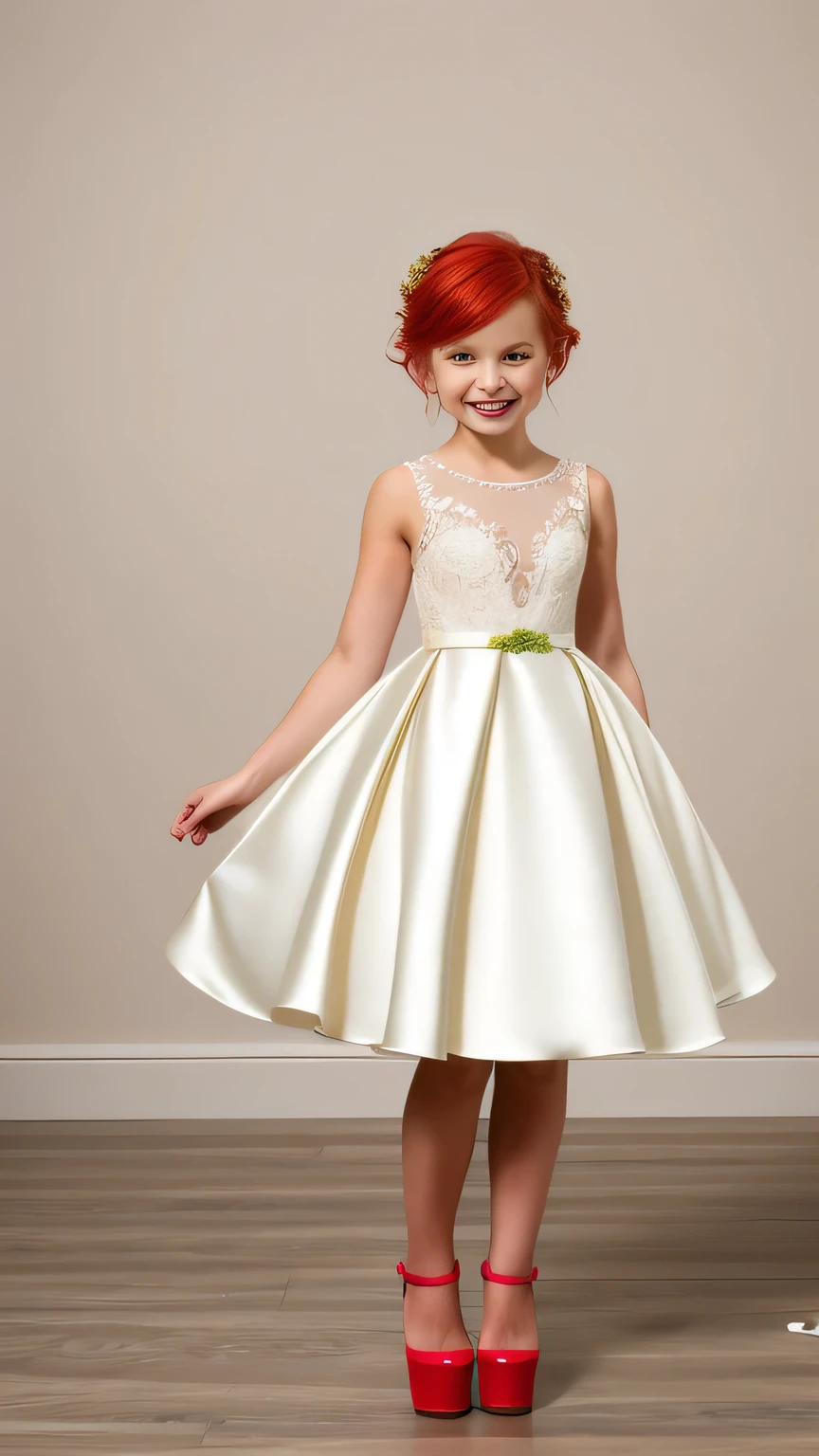 seven yearold petite, nude, tits, neon red hair, smiling, bride dress, standing, platform high heels,